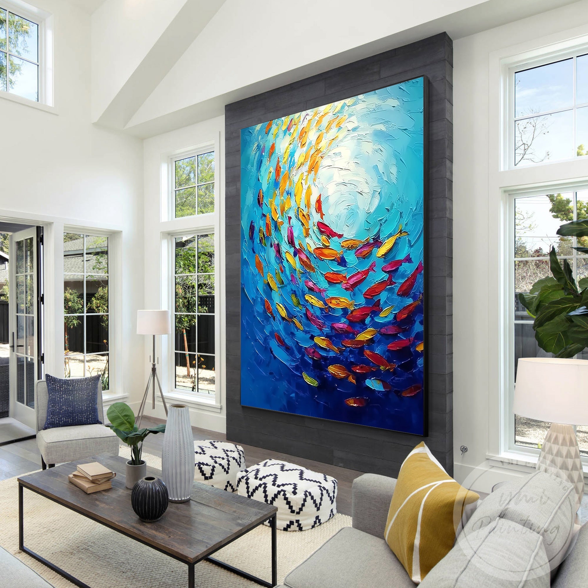 Large colorful fish ocean painting for coastal home decor