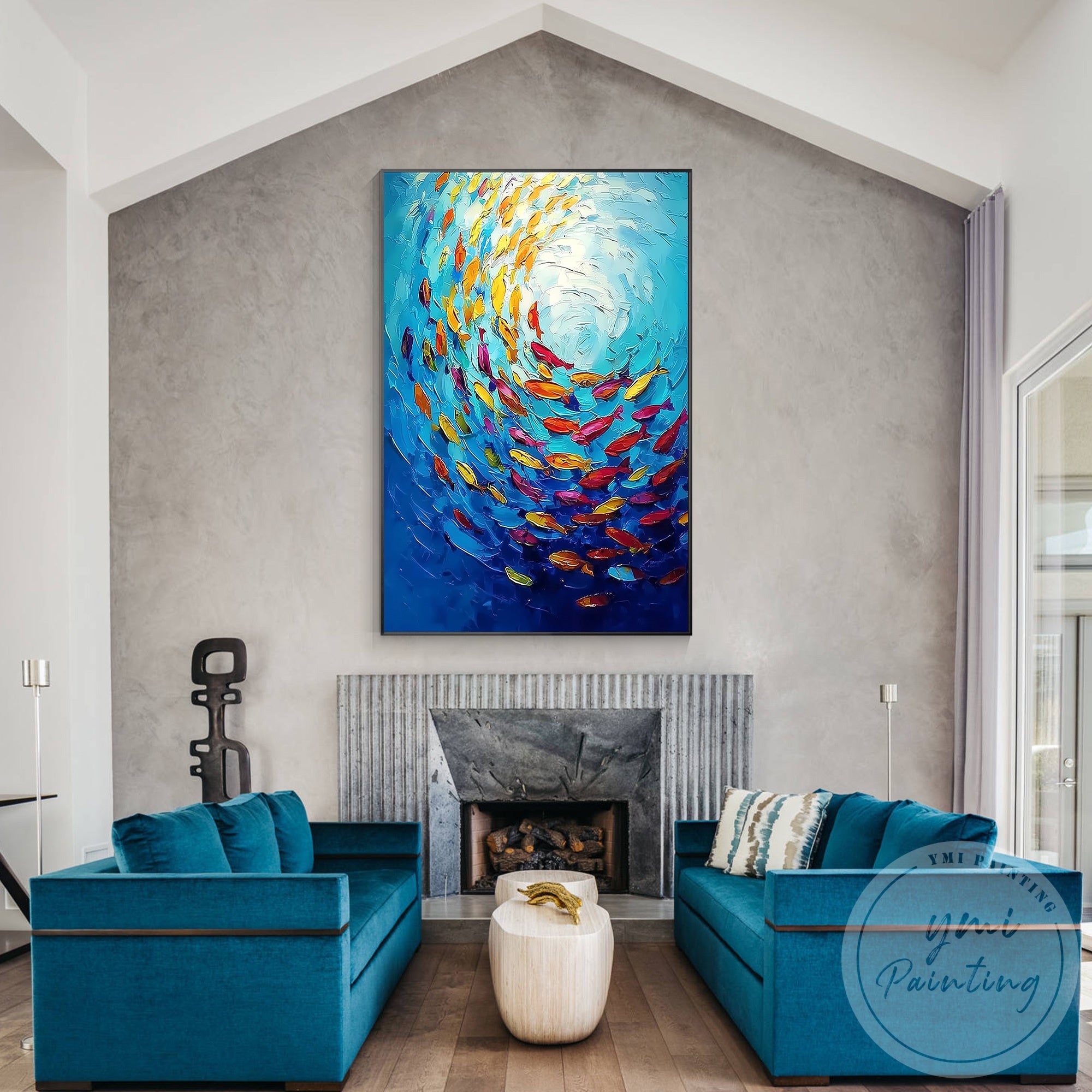 Vibrant ocean fish painting for living room wall decoration