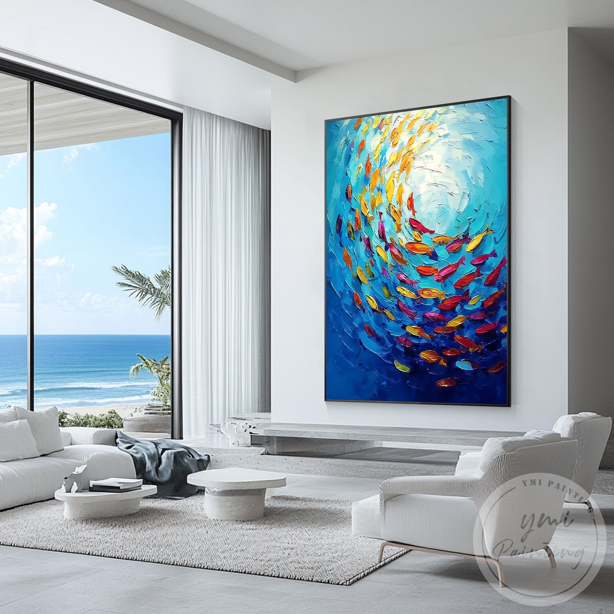 Hand painted marine life canvas artwork with colorful fish
