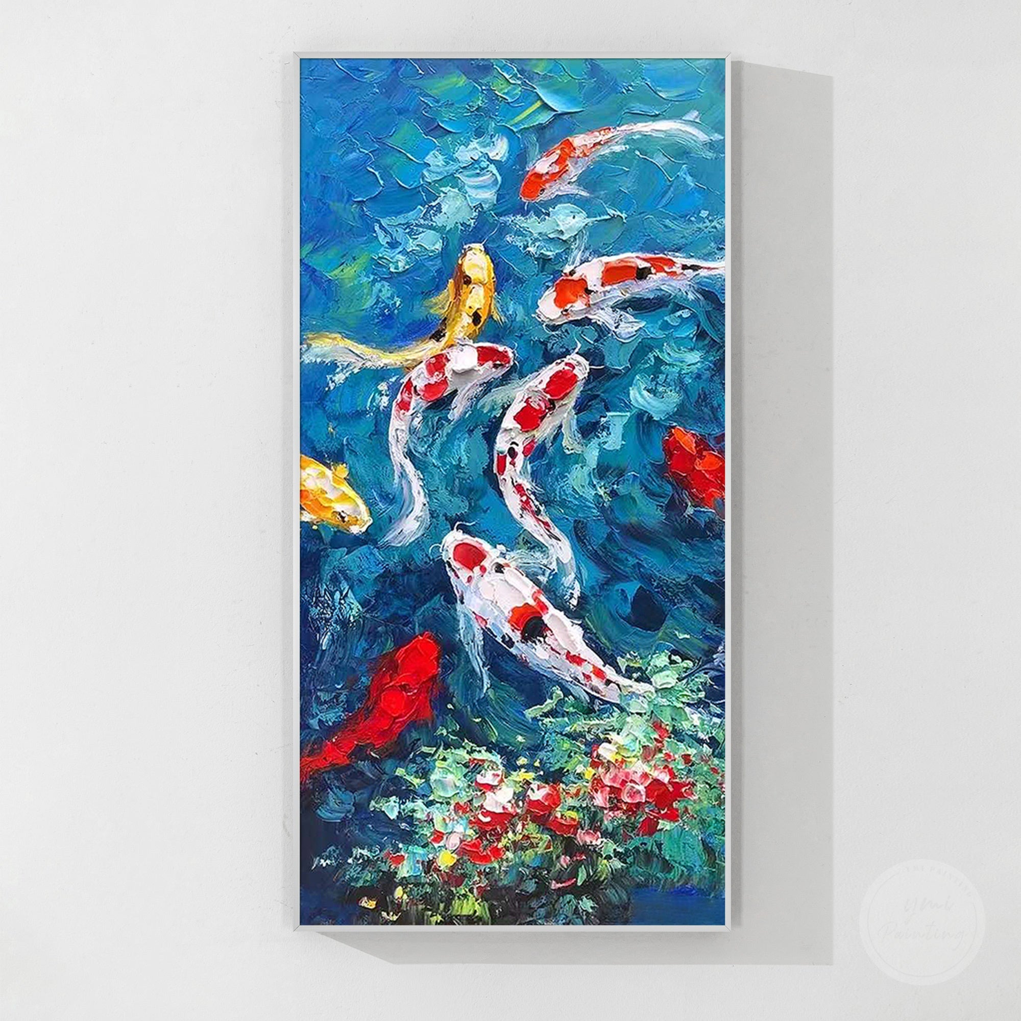 Handmade nine koi fish canvas painting with colorful fish, artistic brushstrokes, and luxury wall decoration