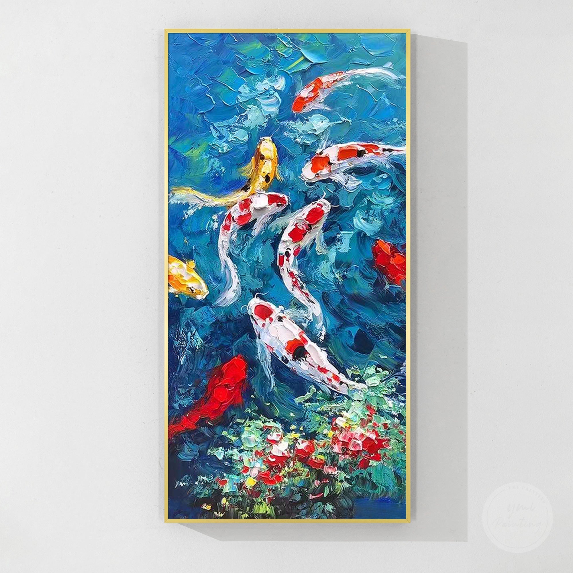 Contemporary koi fish wall decor featuring vibrant nine fish artwork and elegant Vastu inspired home decoration