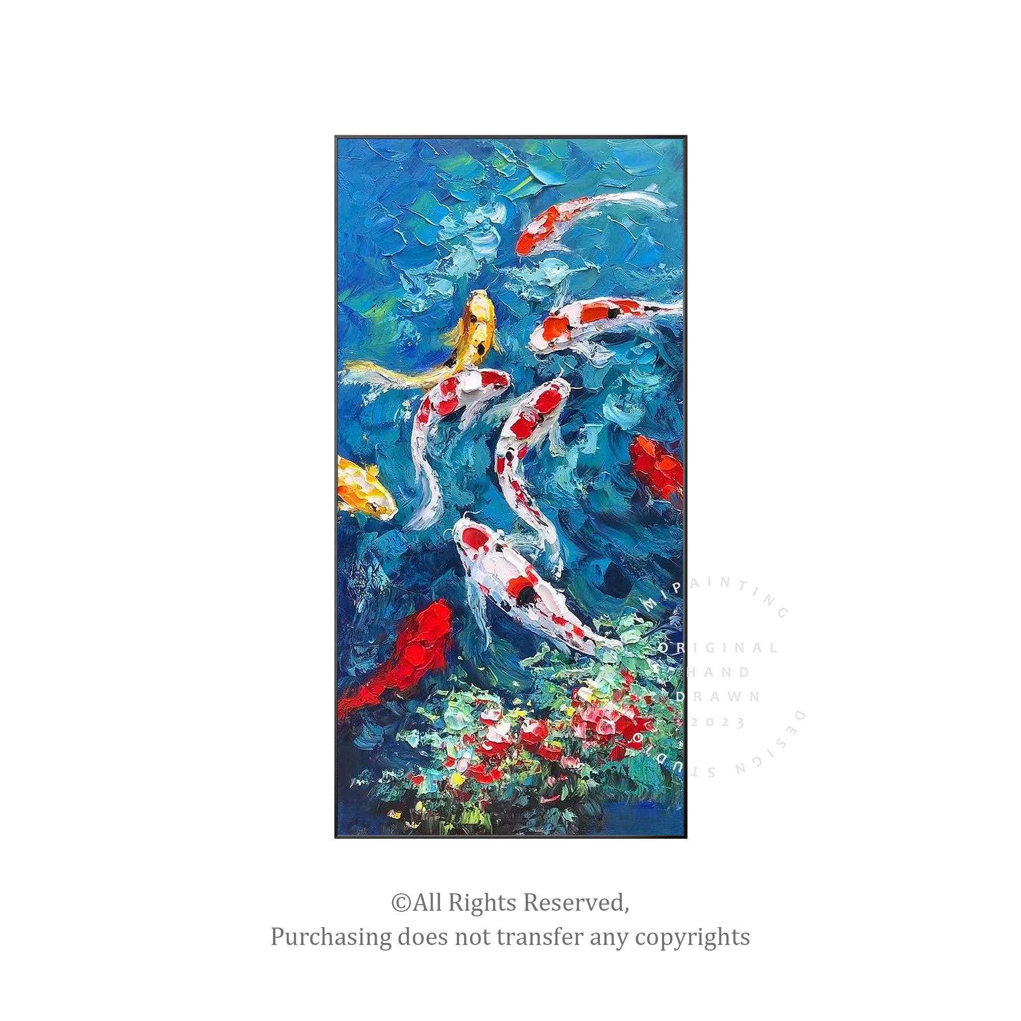 Oriental koi fish oil painting with flowing water, vivid colors, and symbolic good fortune design