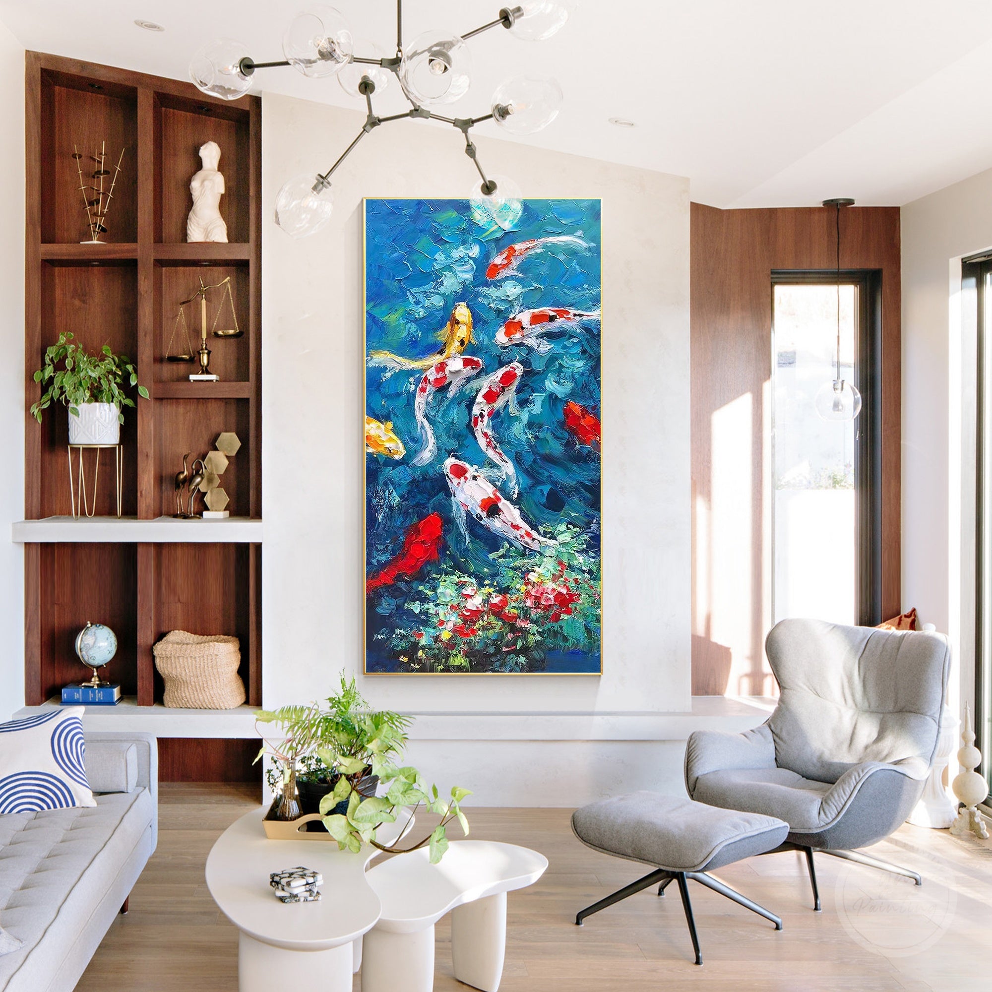 Handmade 9 koi fish oil painting featuring bright colors, flowing water details, and lucky home decor symbolism