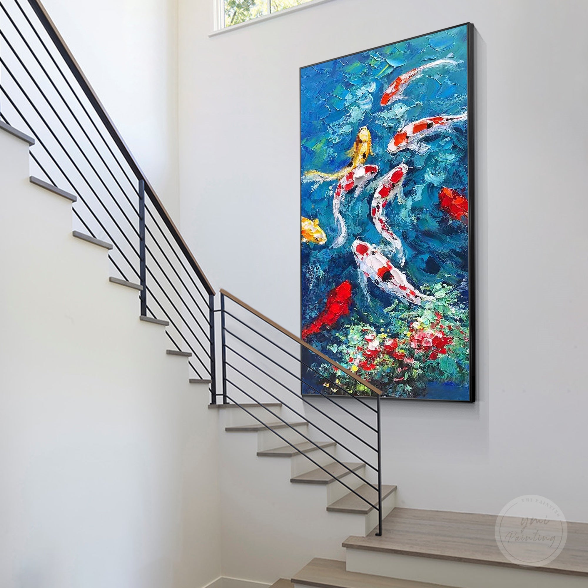 Traditional inspired koi fish oil artwork featuring graceful fish movement and handcrafted canvas texture