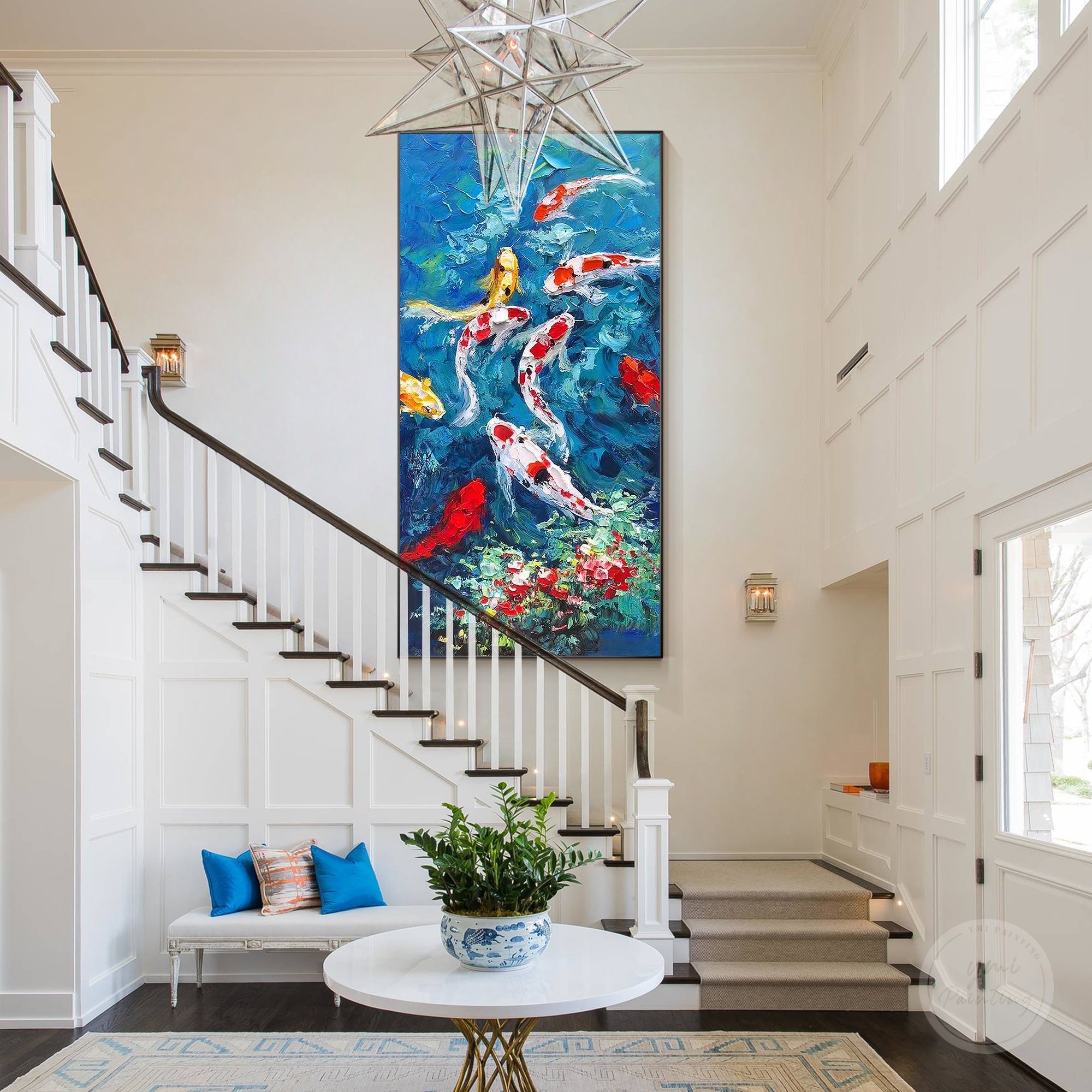 Colorful Vastu koi fish painting with nine fish symbolizing prosperity, harmony, and positive energy for home decor