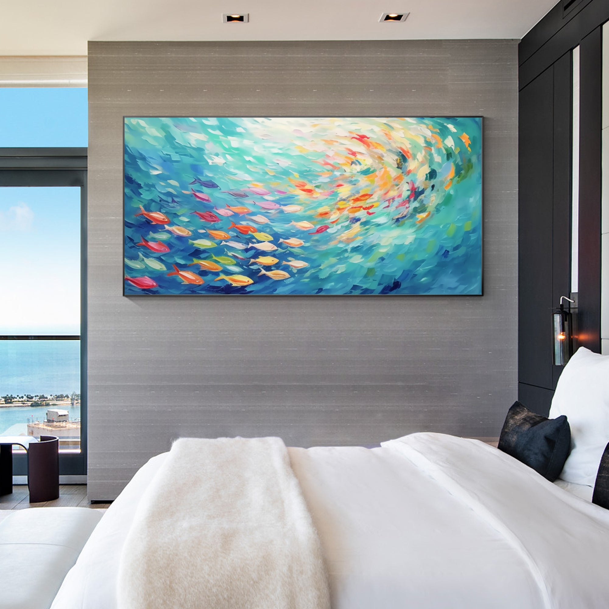 Horizontal abstract fish painting textured ocean wall art