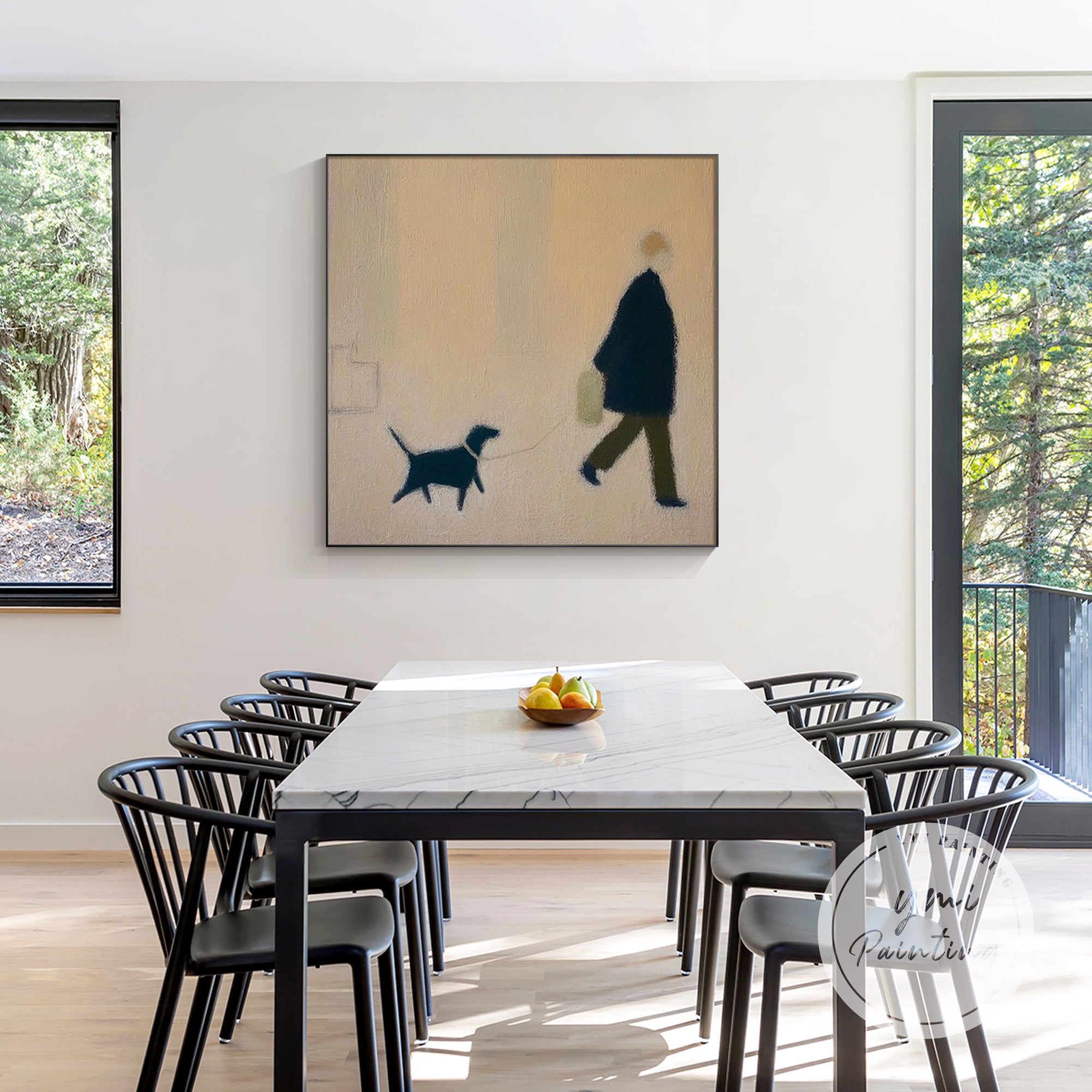 Modern abstract dog walking artwork with soft textured background