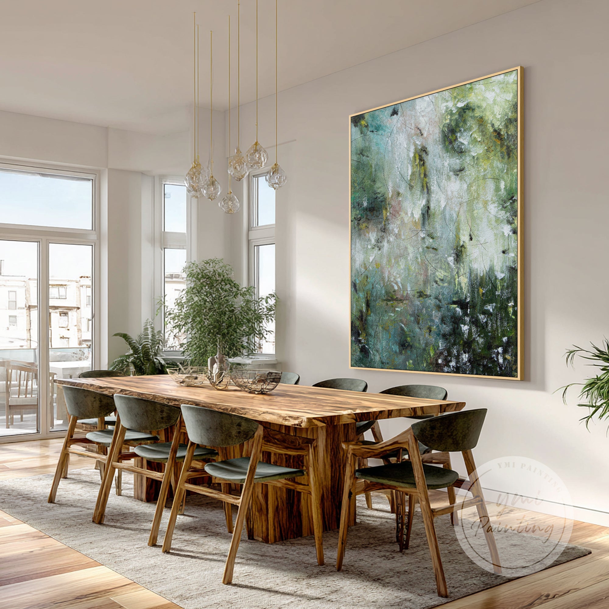 arte de parede abstrata verde suave exibida na sala de jantar