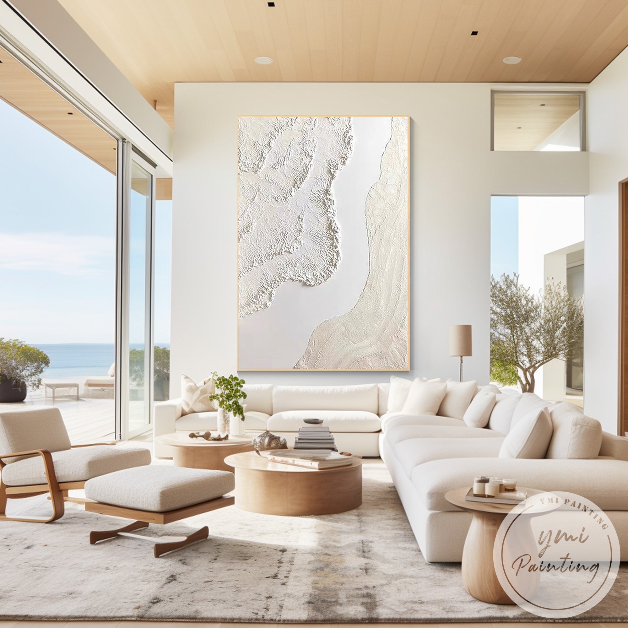 Extra large framed abstract wave artwork in soft cream earth tones