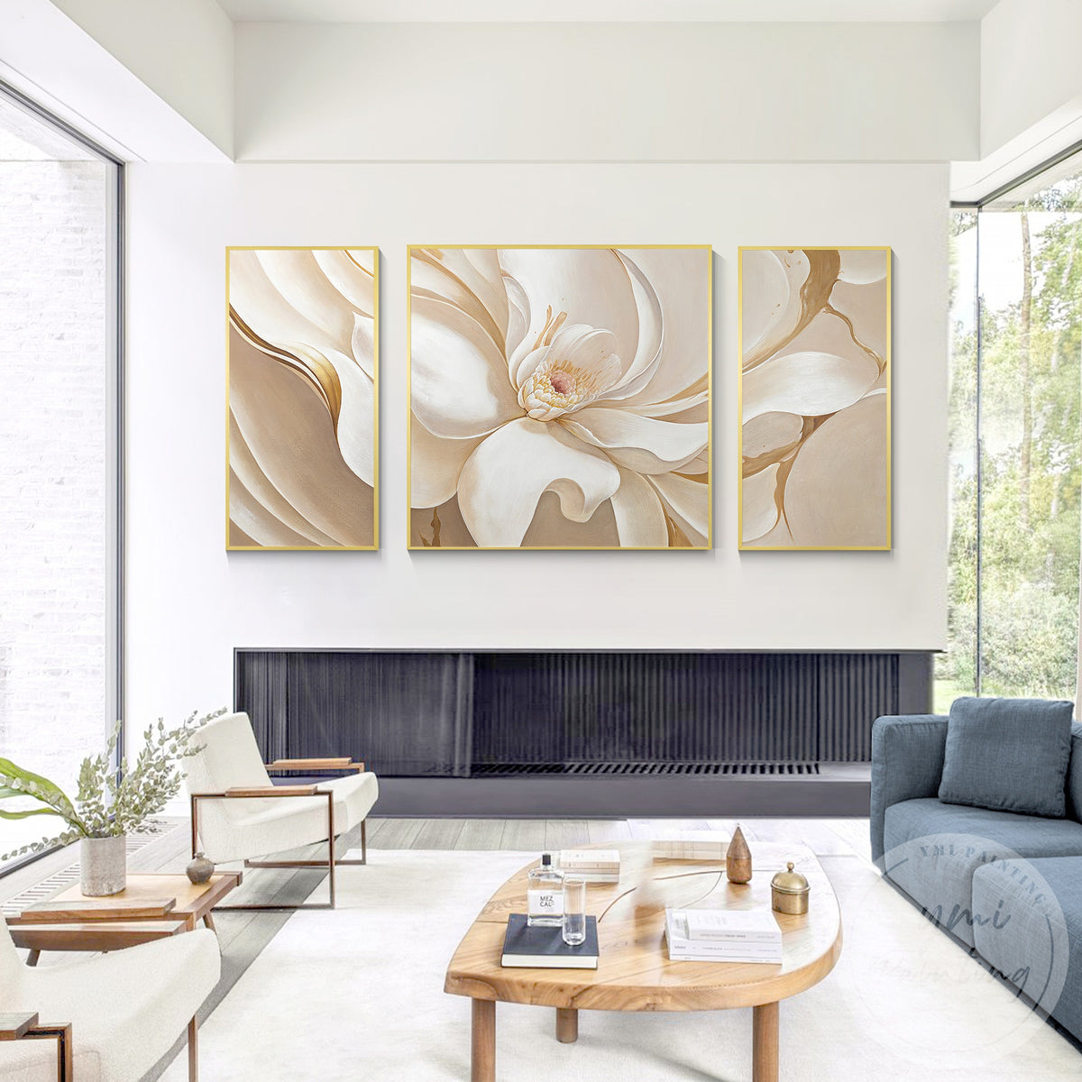 Neutral floral canvas artwork set for bedroom decoration