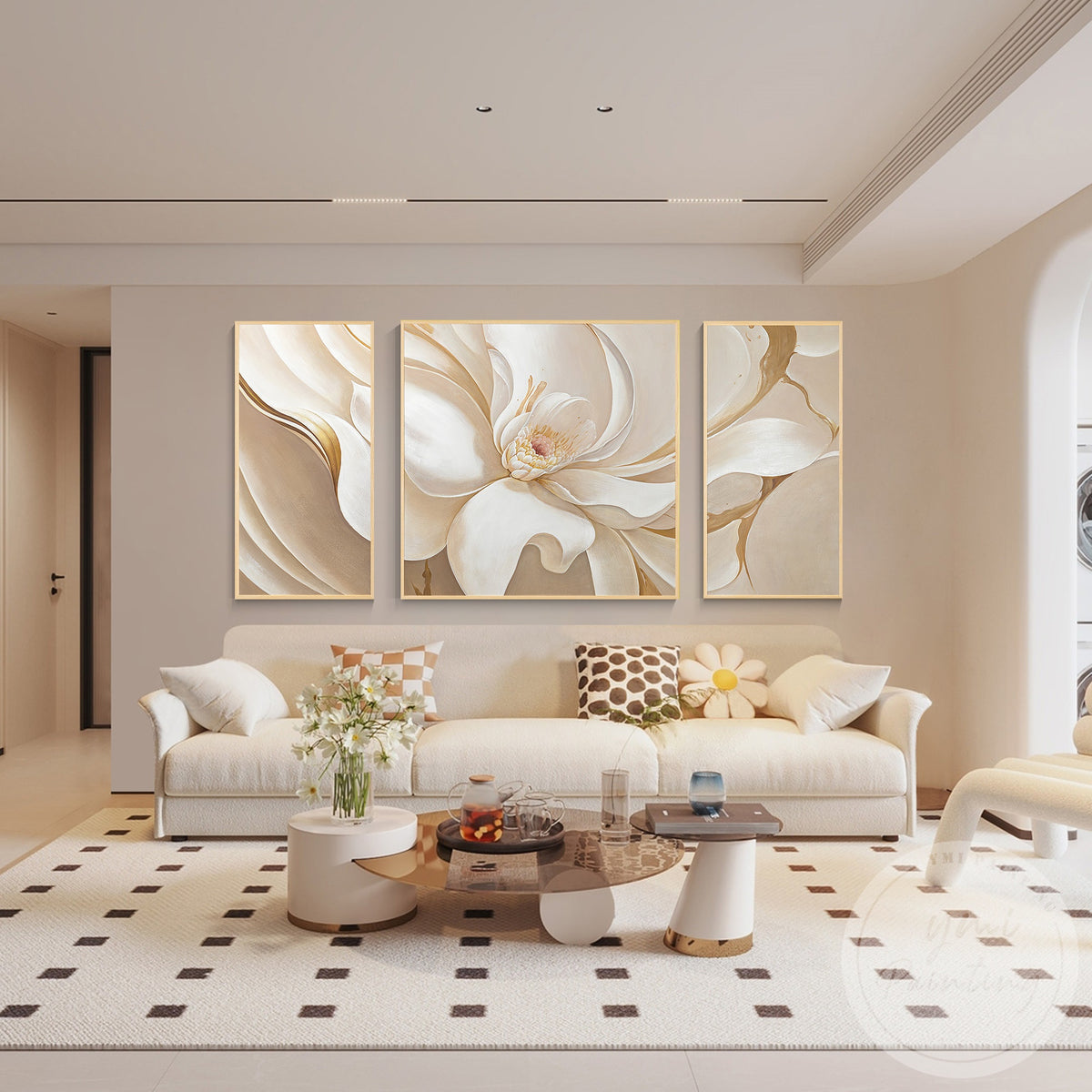 Hand painted floral wall art in cream and white tones