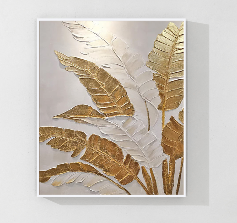 金と白のトロピカルリーフのキャンバス絵画 モダンな植物装飾