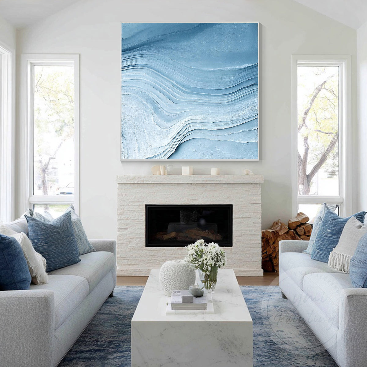 Deep blue and neutral abstract ocean wave artwork