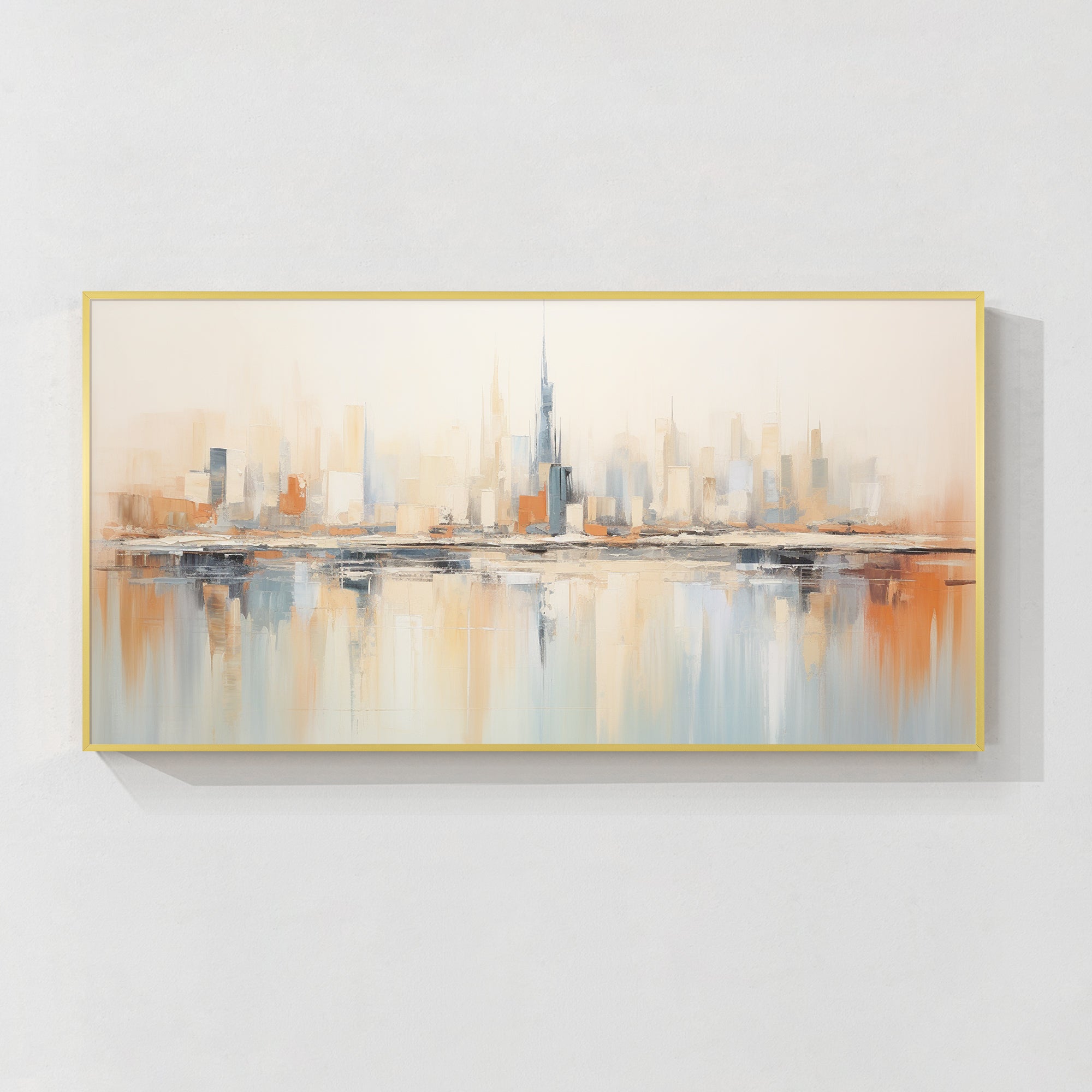 Abstract Dubai skyline wall art with reflection for modern living room decor