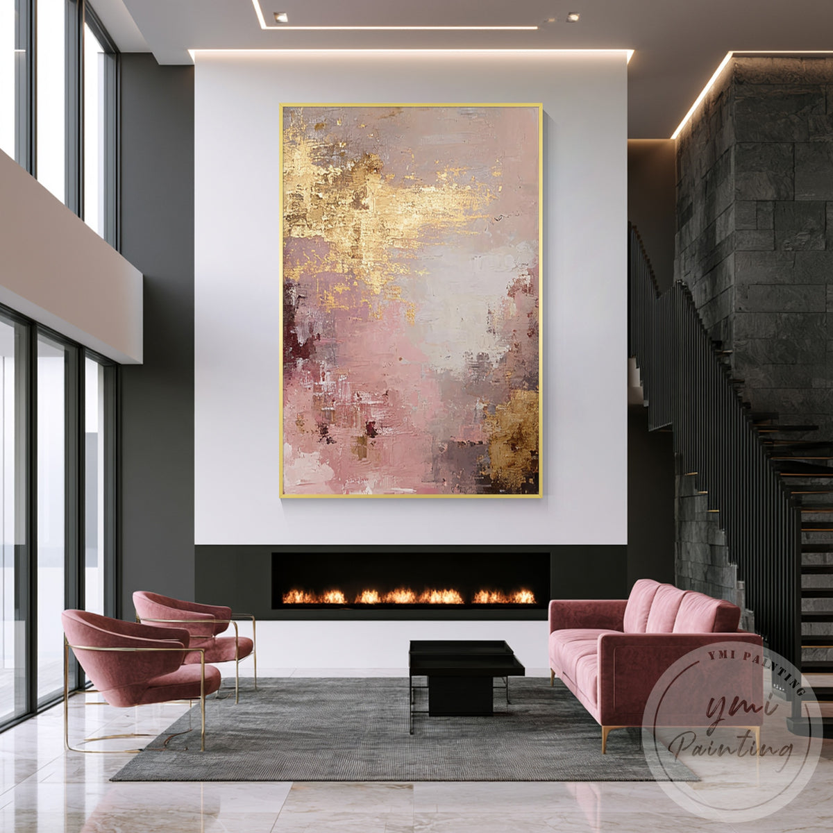 Pink beige gold abstract wall art for an elegant modern bedroom