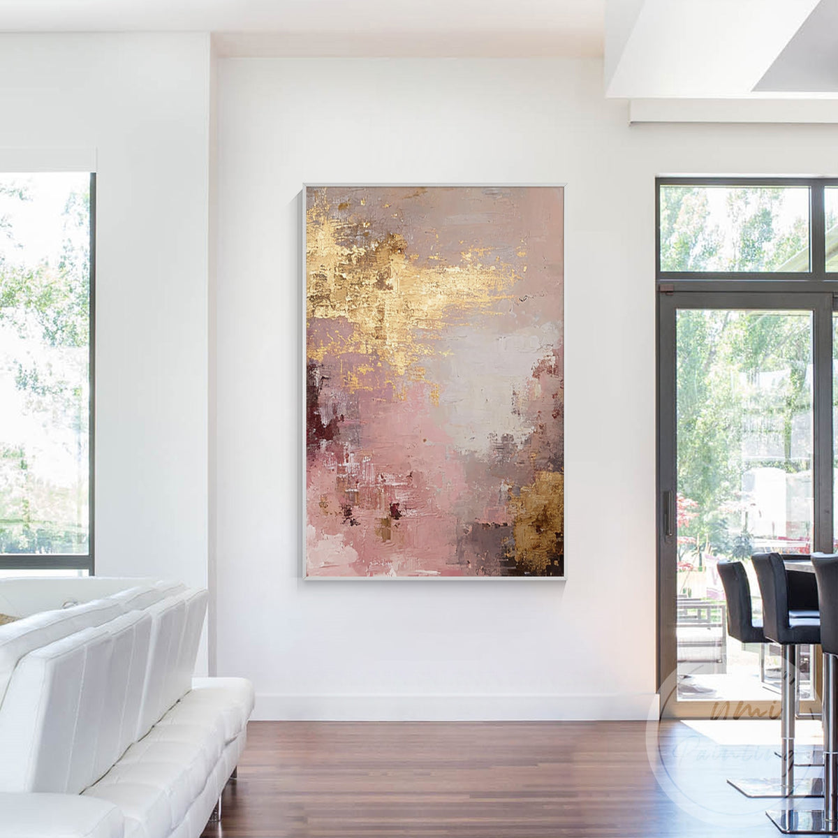 Pink beige textured abstract painting with champagne gold accents