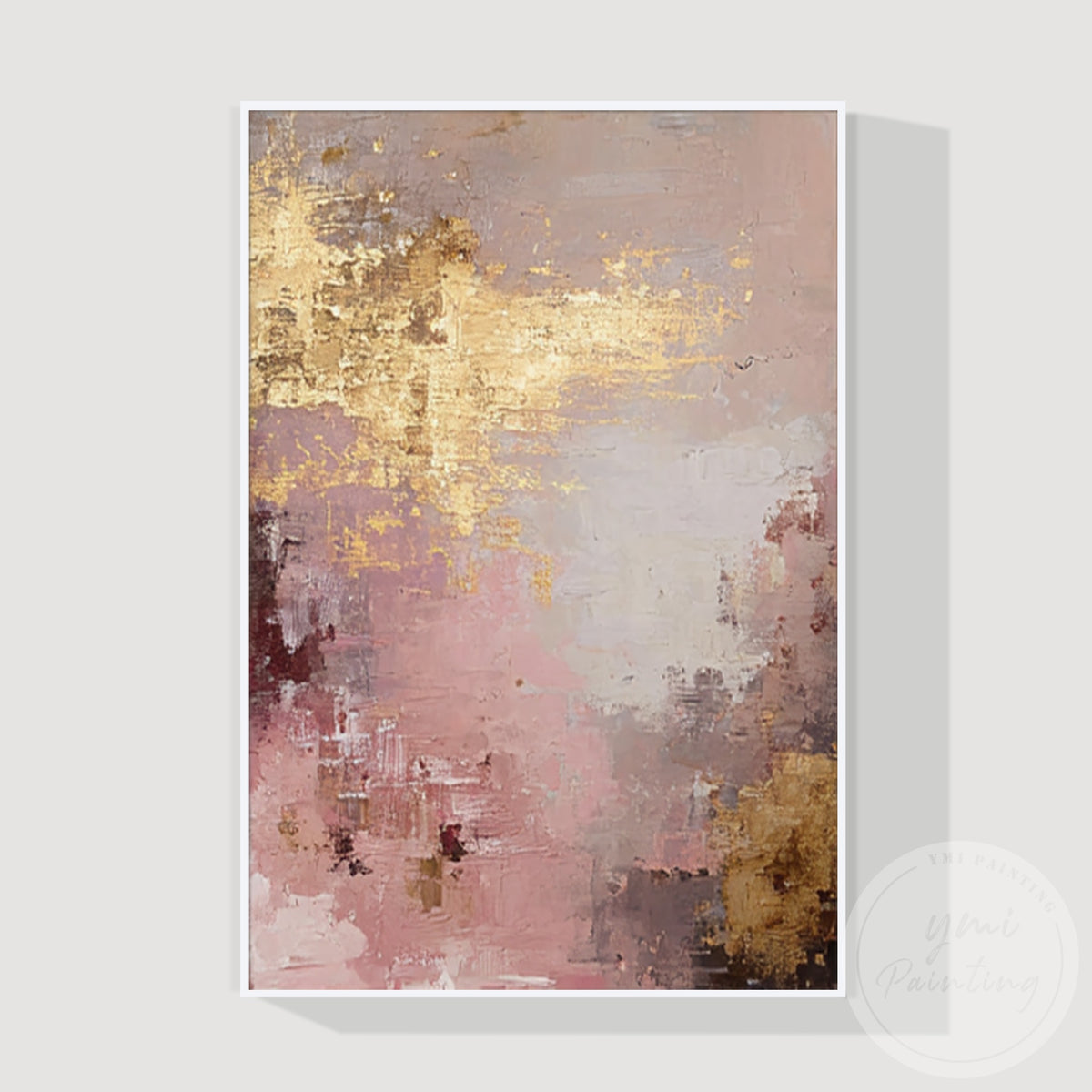 Textured pink and gold canvas painting with soft neutral tones