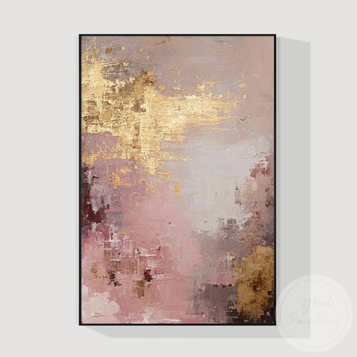 Close-up of raised texture and champagne gold accents on dusty rose abstract art