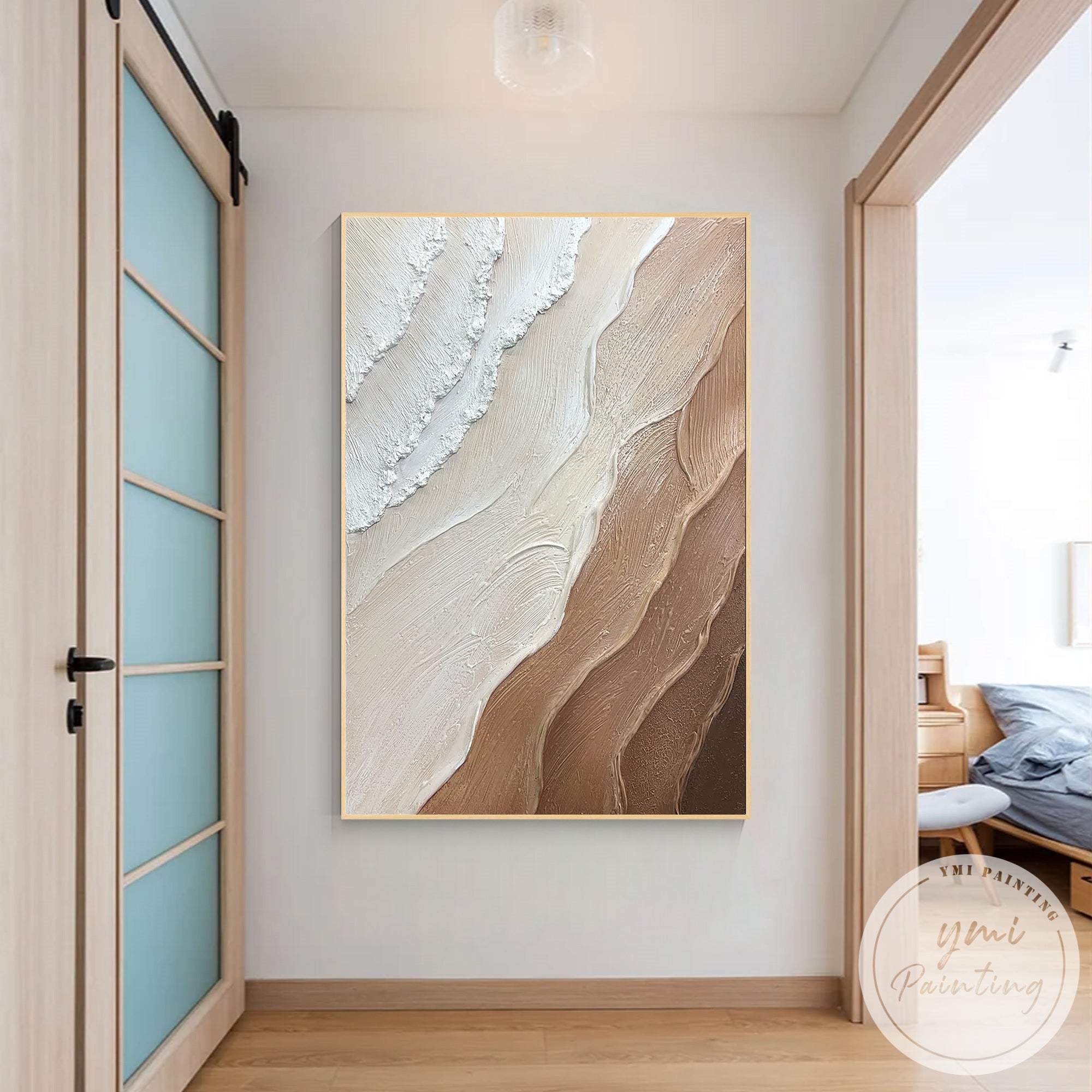 Large vertical earth tone wall decor with minimalist aesthetic