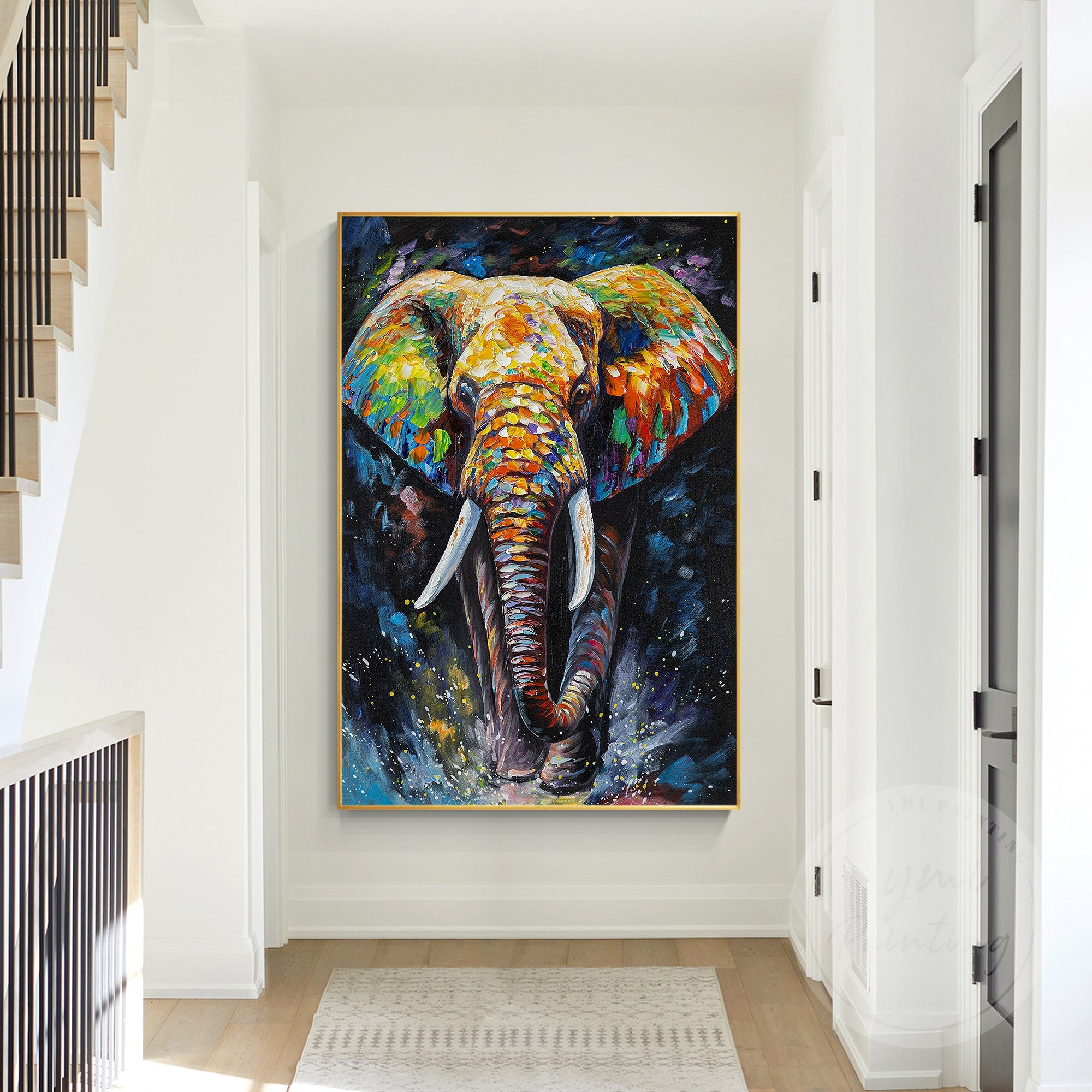 Hand-painted elephant artwork, with a deep blue backdrop and radiant colors, exuding a serene and mysterious gaze.