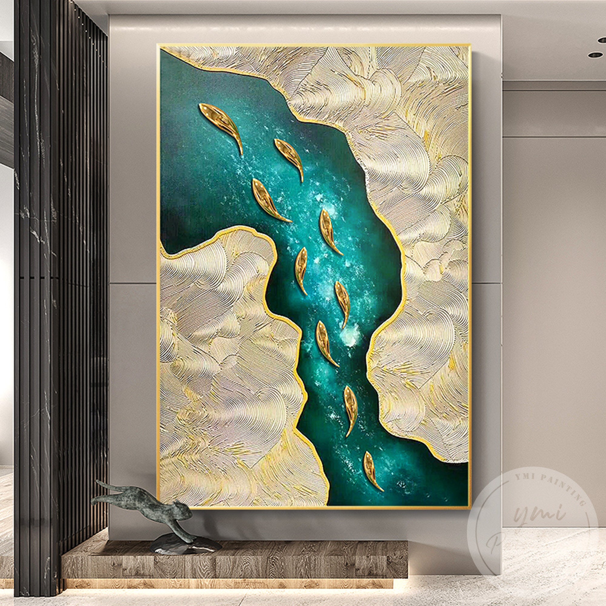 Vertical gold fish wall art with emerald green texture