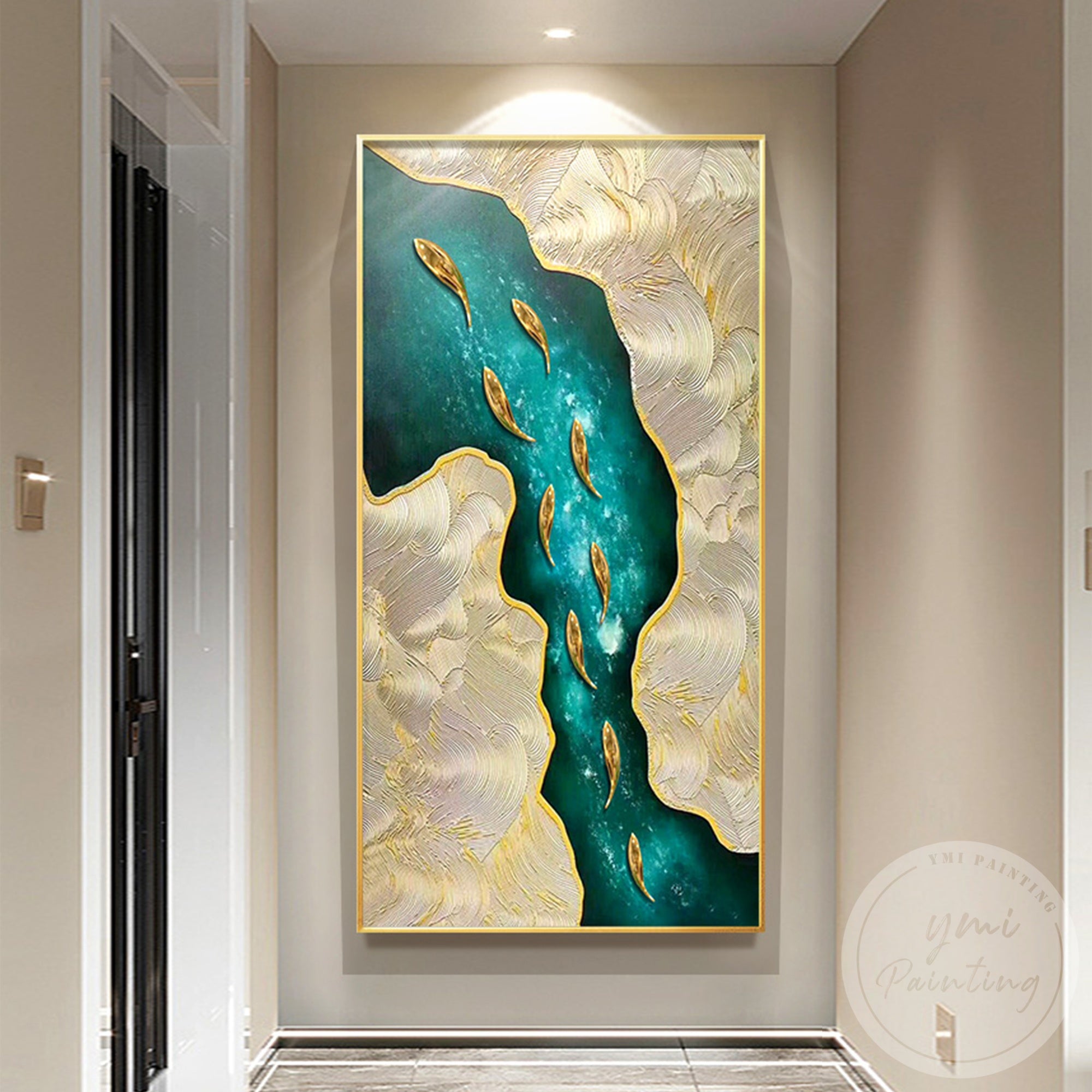 Emerald green ocean wall art with gold accents