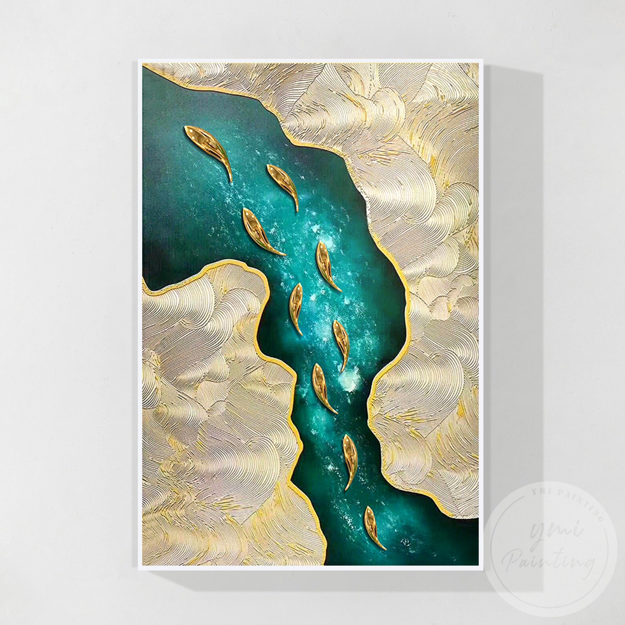 Abstract fish artwork with raised 3D texture and gold details