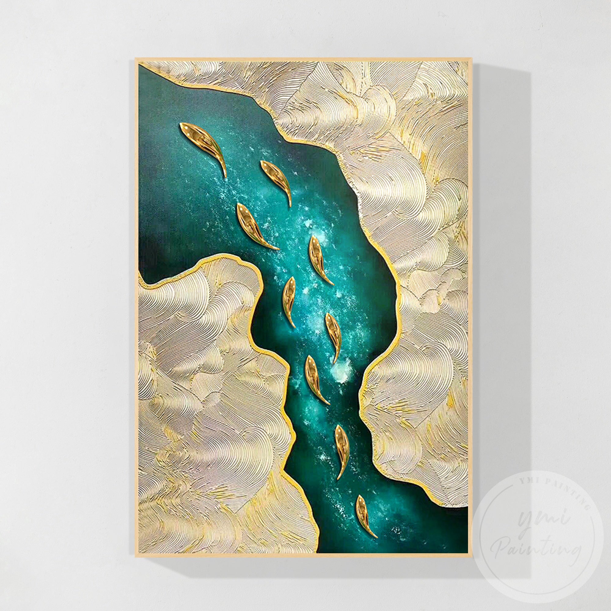 Original emerald green fish canvas artwork for elegant interiors