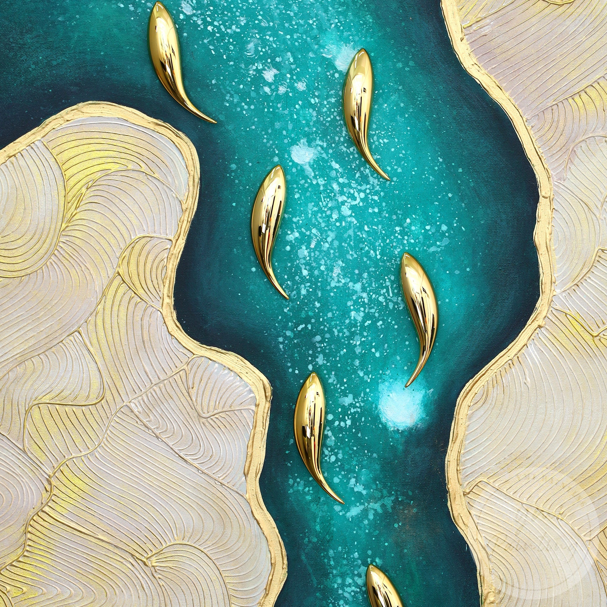 Original emerald green fish canvas artwork for elegant interiors