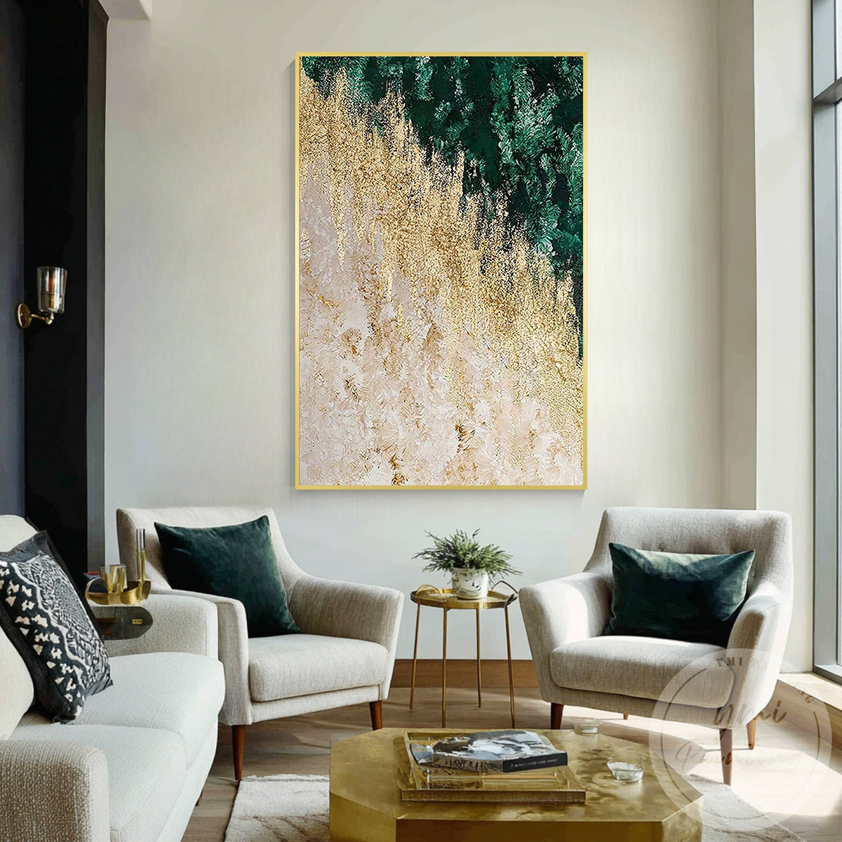 Emerald green gold textured painting for modern home