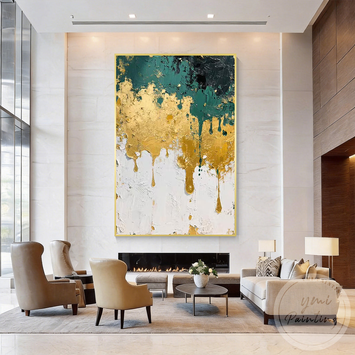 Luxury emerald green and gold metallic painting