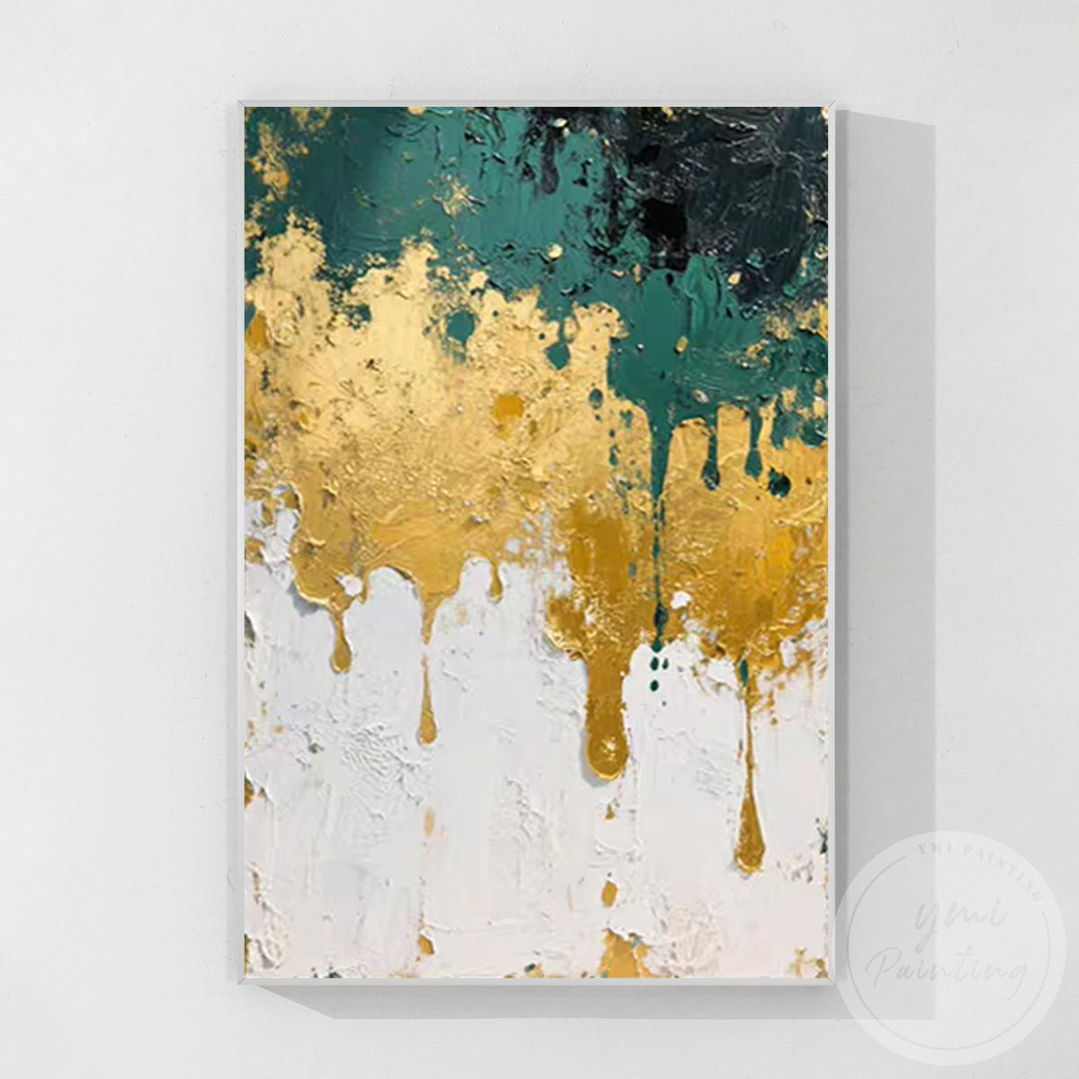 Emerald green abstract canvas with gold accents