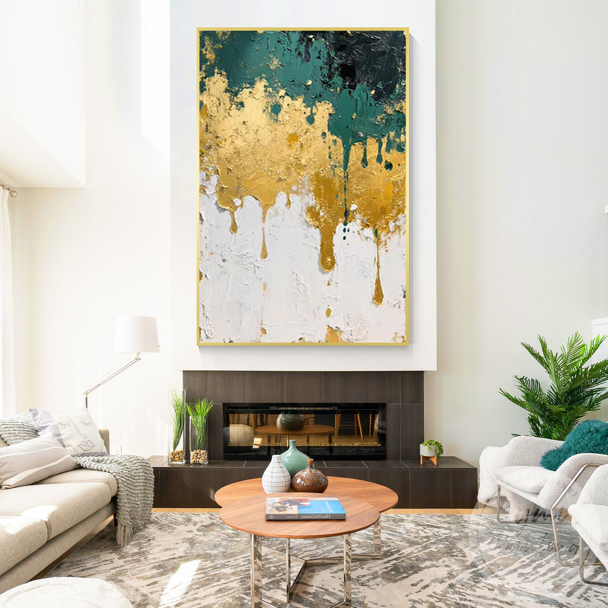 Modern organic emerald green gold wall art