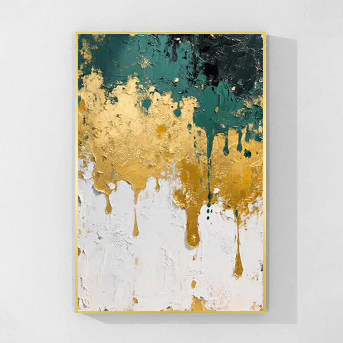 Emerald green gold abstract wall art on textured canvas