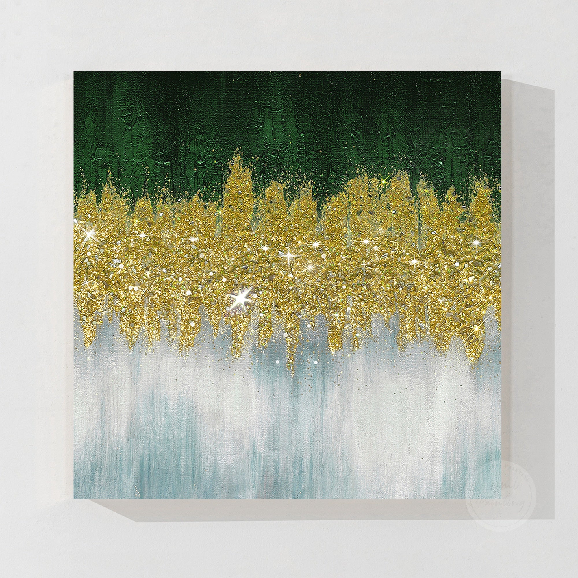 Premium crushed glass art painting with green and gold tones, glitter accents, and unique textured surface