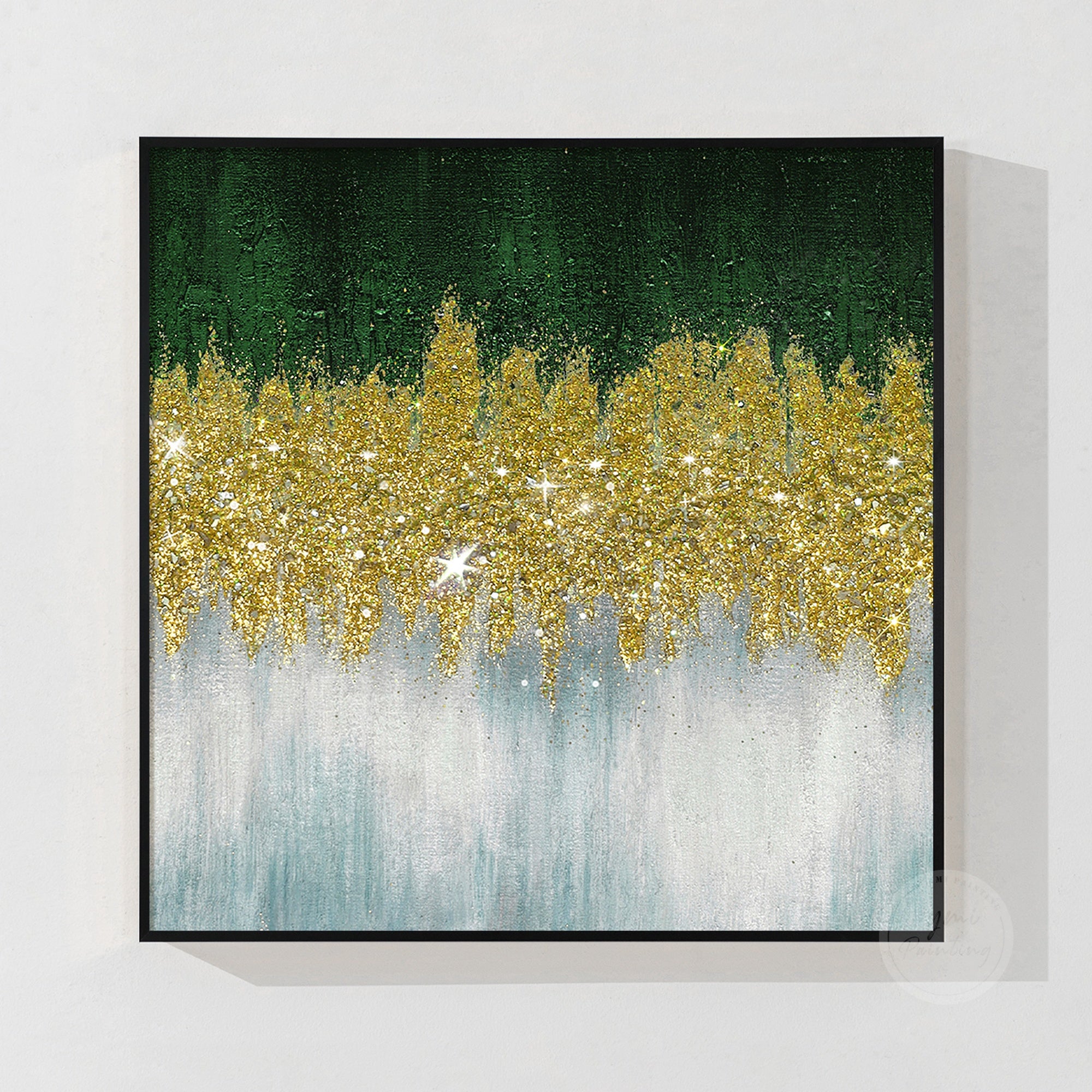 Unique glitter wall painting with gold crushed glass texture and rich green tones for luxury home decoration