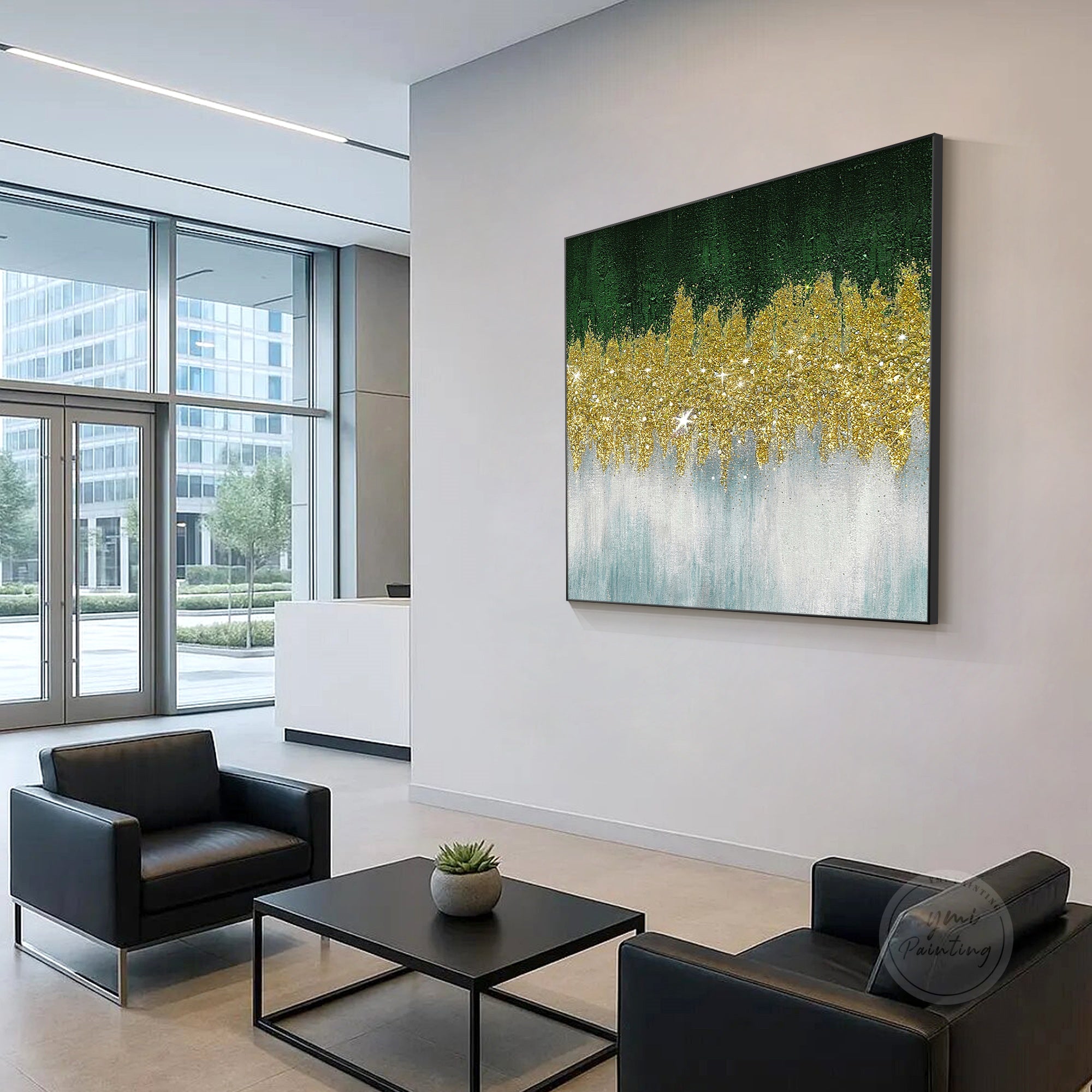 Luxury green and gold wall art featuring sparkling glitter effects and elegant handcrafted canvas texture