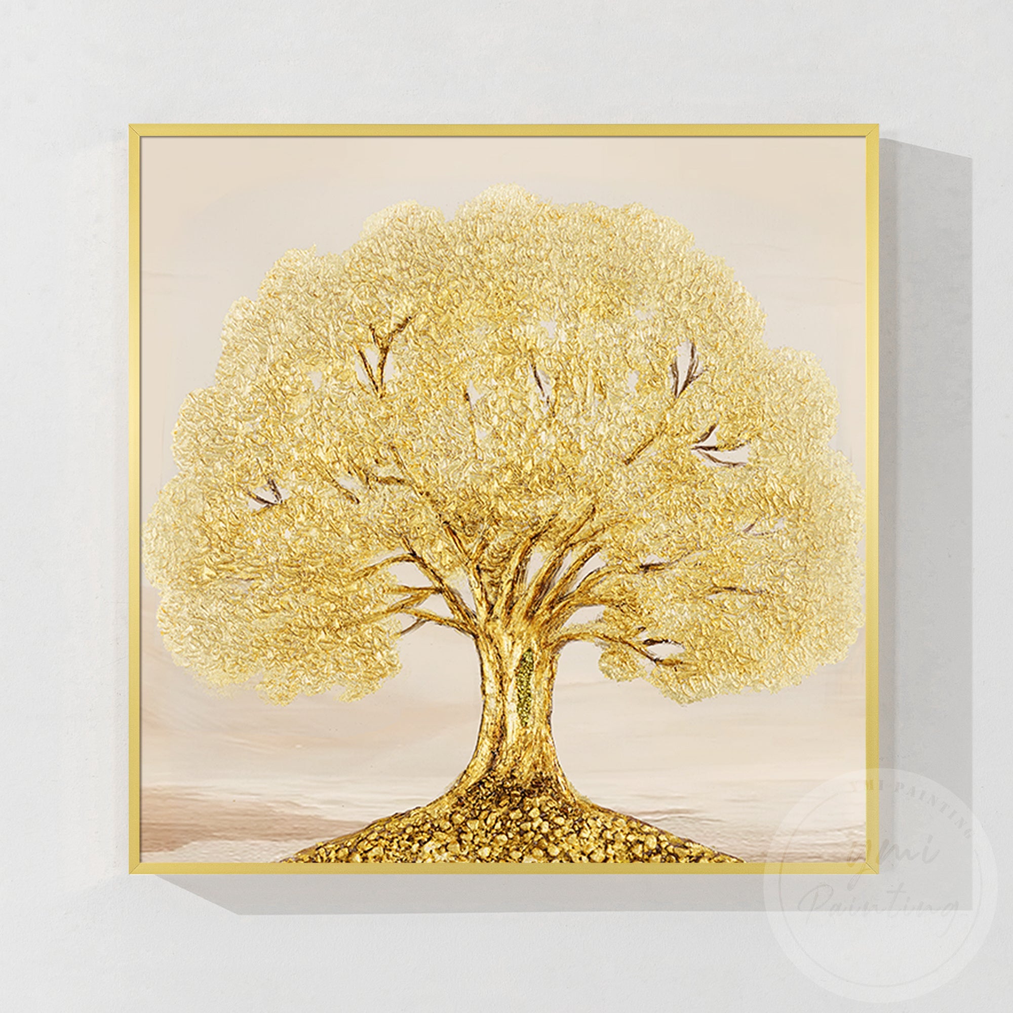 Minimalist golden tree of life wall art with exquisite details and refined golden leaf decoration in a gold color frame.