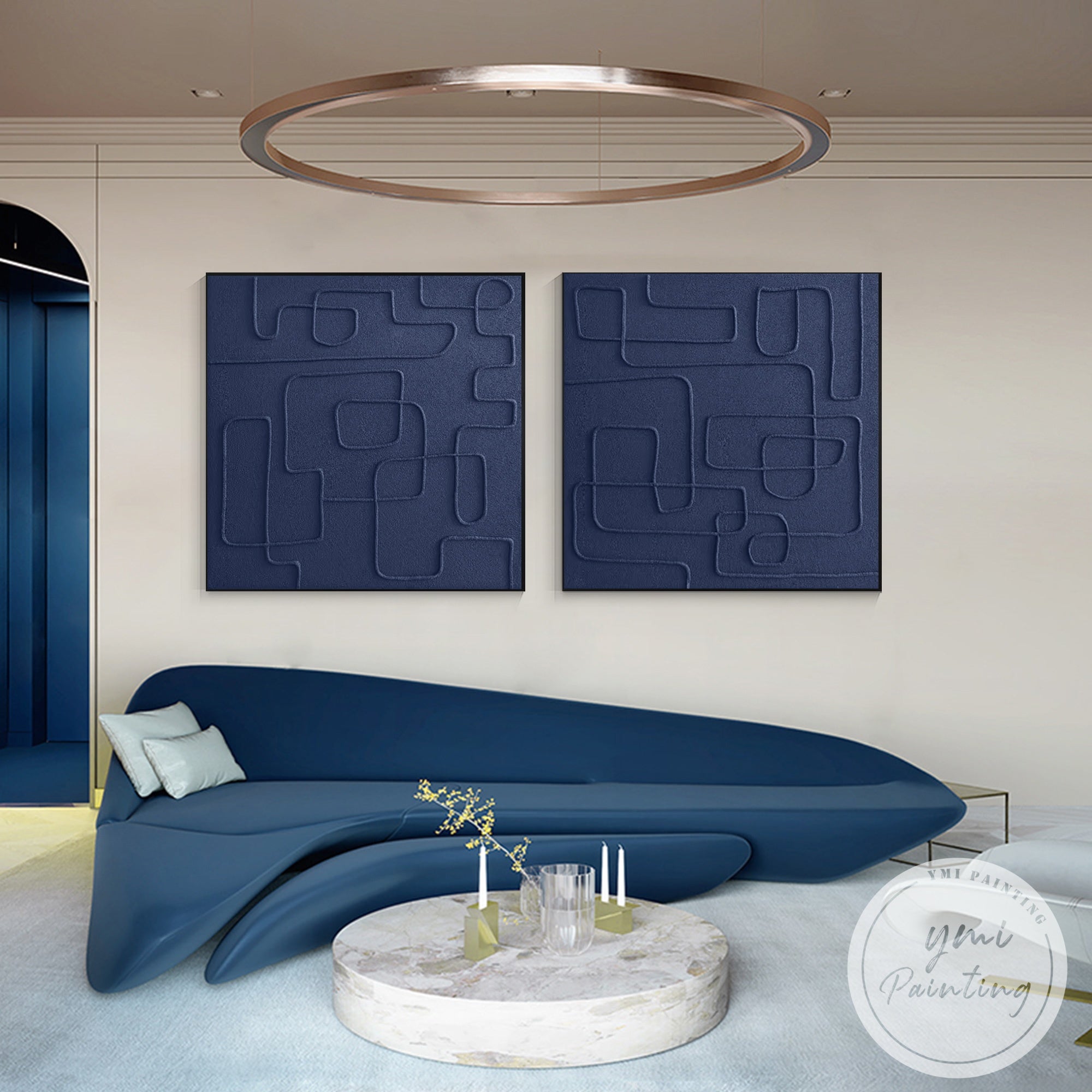 Minimalist square diptych canvas painting with rich blue textures