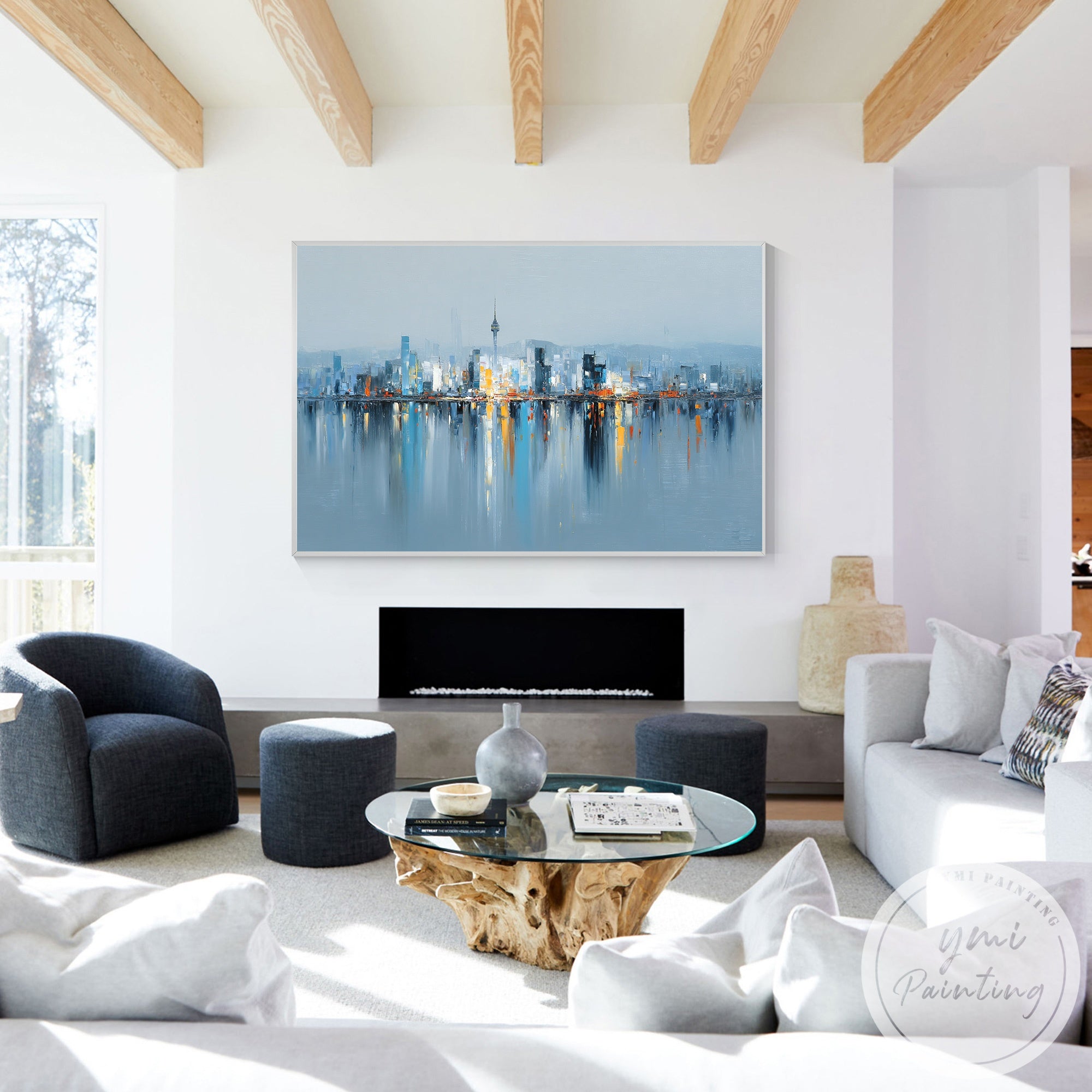 Oversized Seoul skyline artwork horizontal canvas painting design