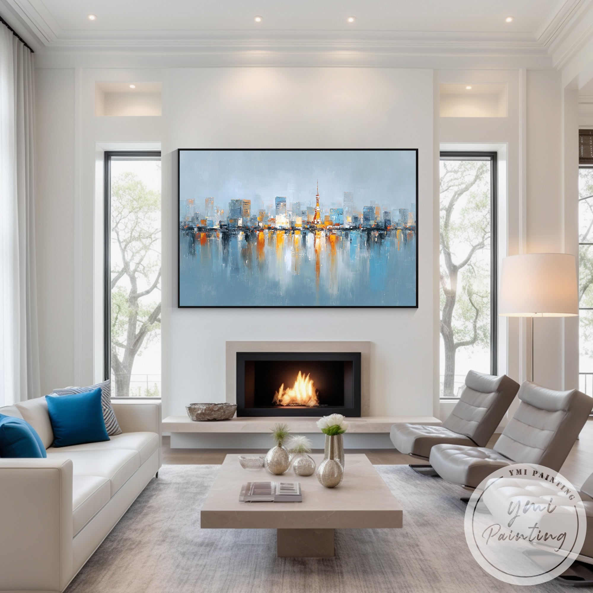 Modern horizontal Tokyo skyline painting for home decor