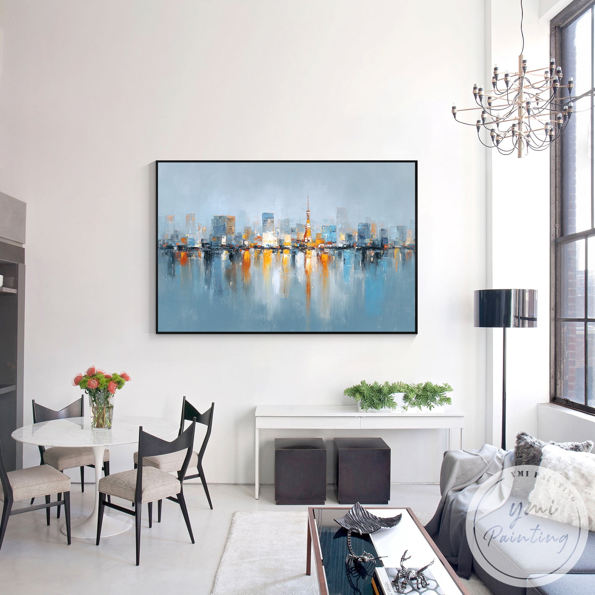 Oversized Tokyo skyline abstract wall art horizontal format