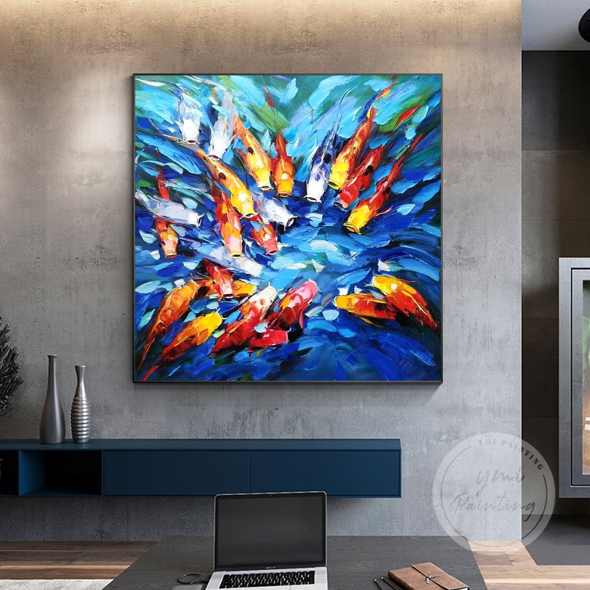 Hand-painted koi fish wall art with sculptural texture, ideal for home and office decor.