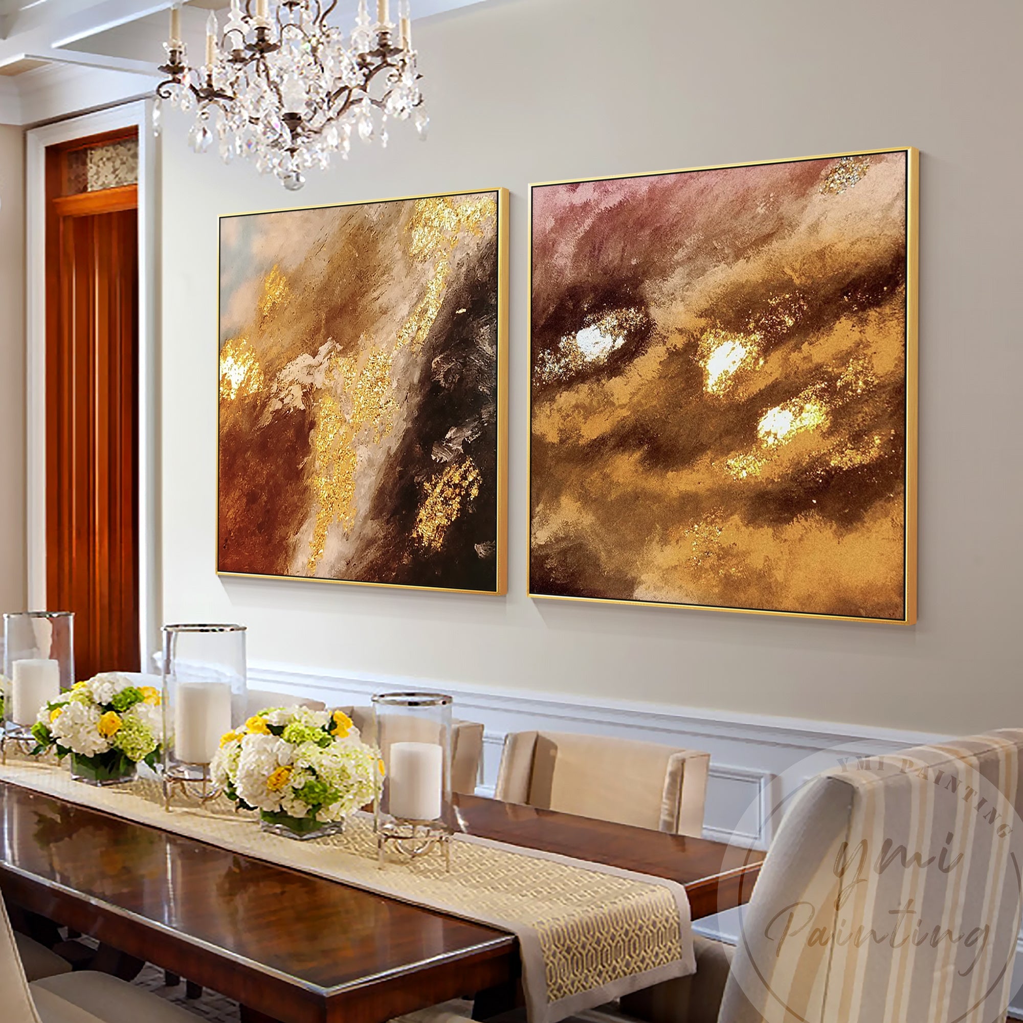 Diptych artwork inspired by fire clouds, with gold foil and dynamic swirling orange and brown hues to decor a middle-century style dinning room.