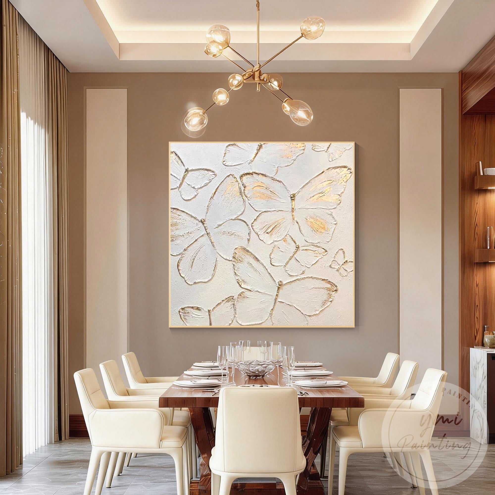 Elegant white and gold butterfly painting on canvas