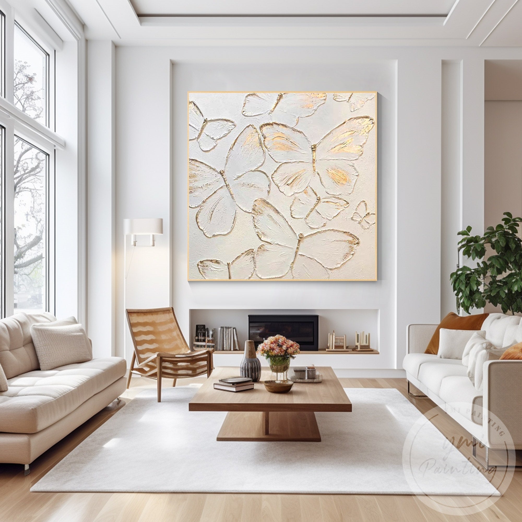 Textured butterfly canvas artwork white gold home decoration