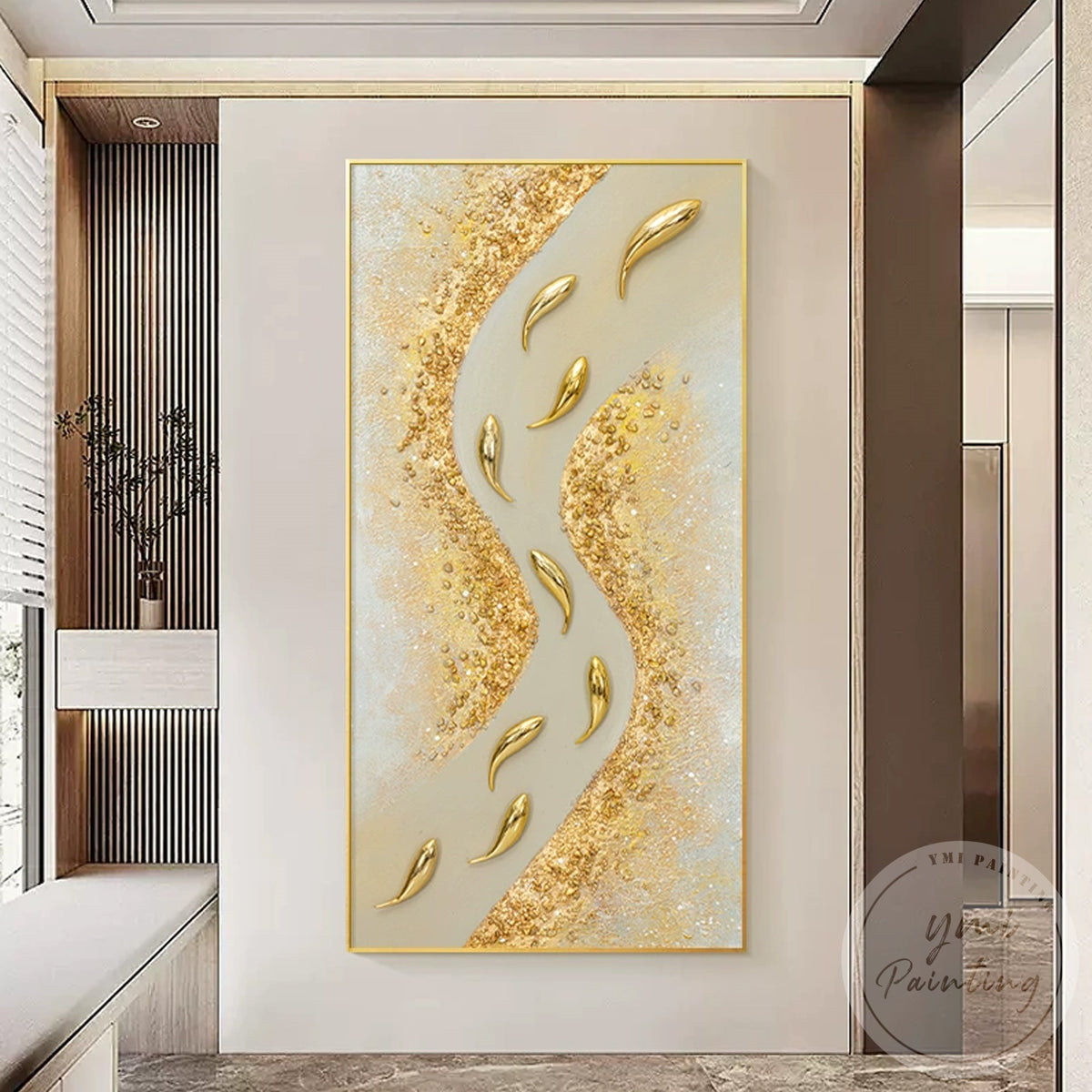 Luxury gold fish wall art with textured sand finish