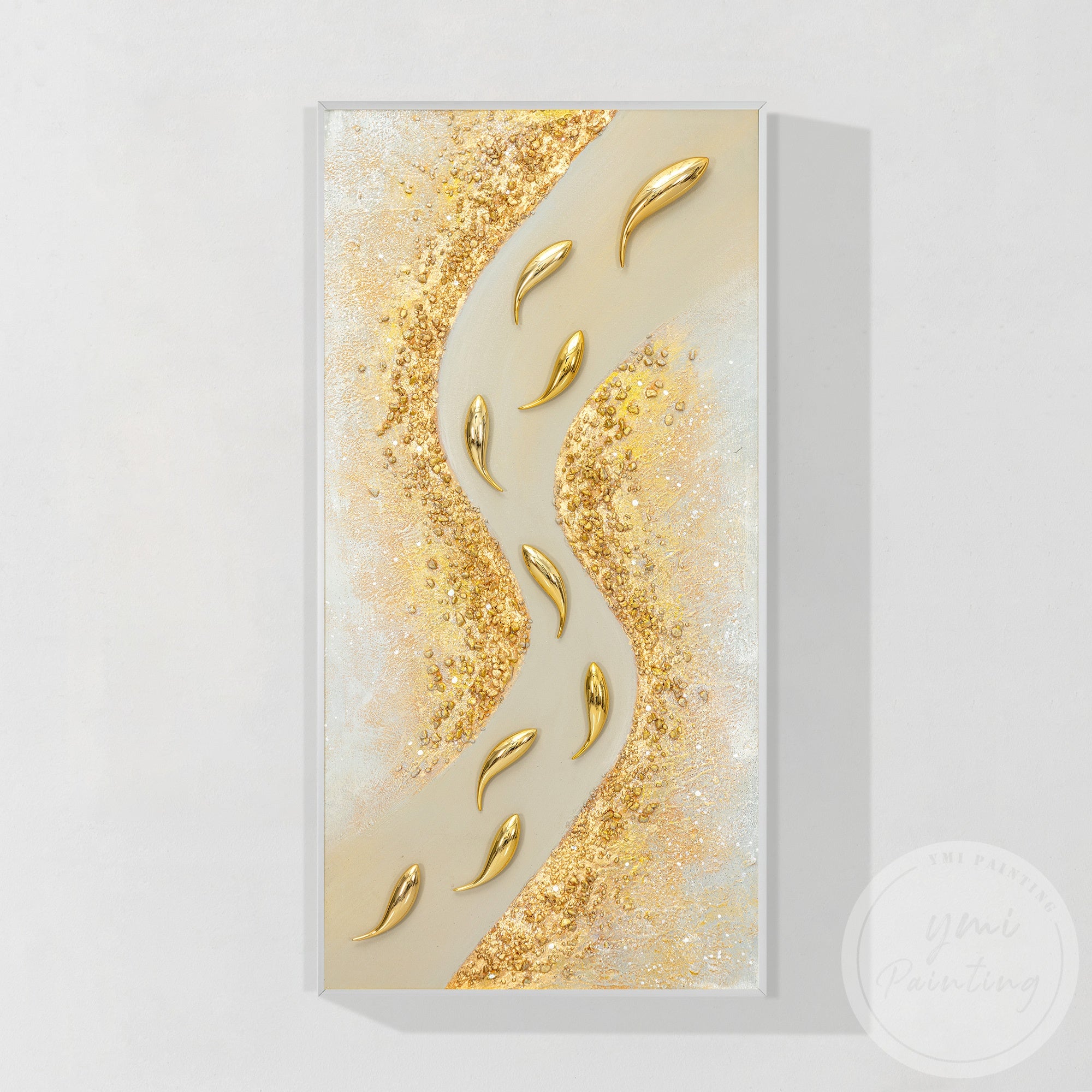 Luxury abstract fish wall art with metallic gold texture