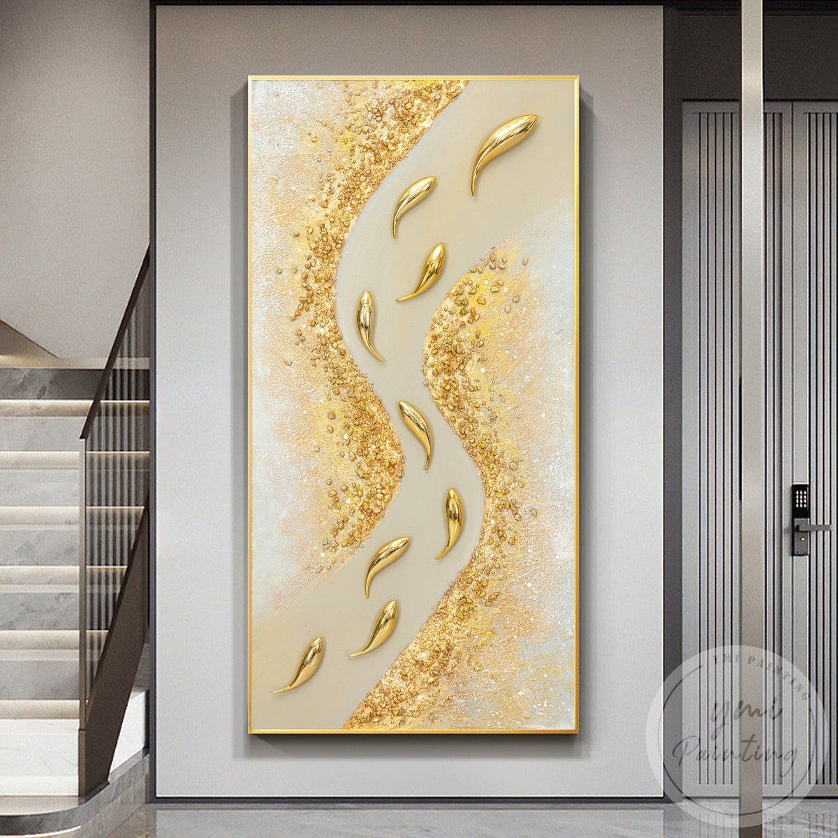Extra large abstract gold fish painting for modern interiors