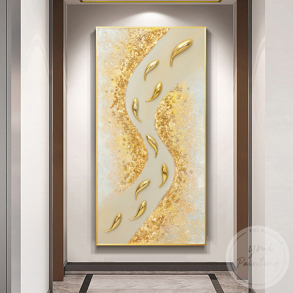 Vertical gold fish canvas artwork with raised 3D texture
